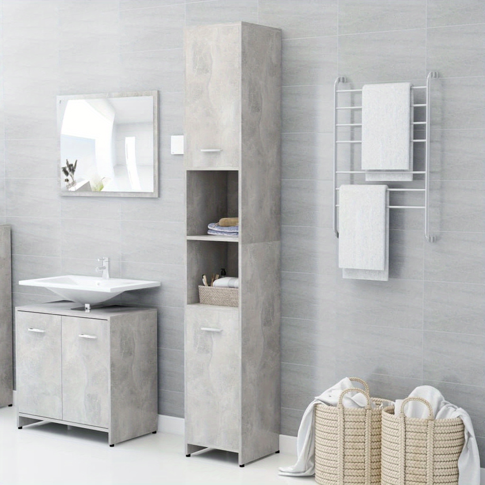 Concrete Grey Bathroom Cabinet 30x30x183.5 Cm Chipboard, Bathroom Storage Cabinet With Compartment
