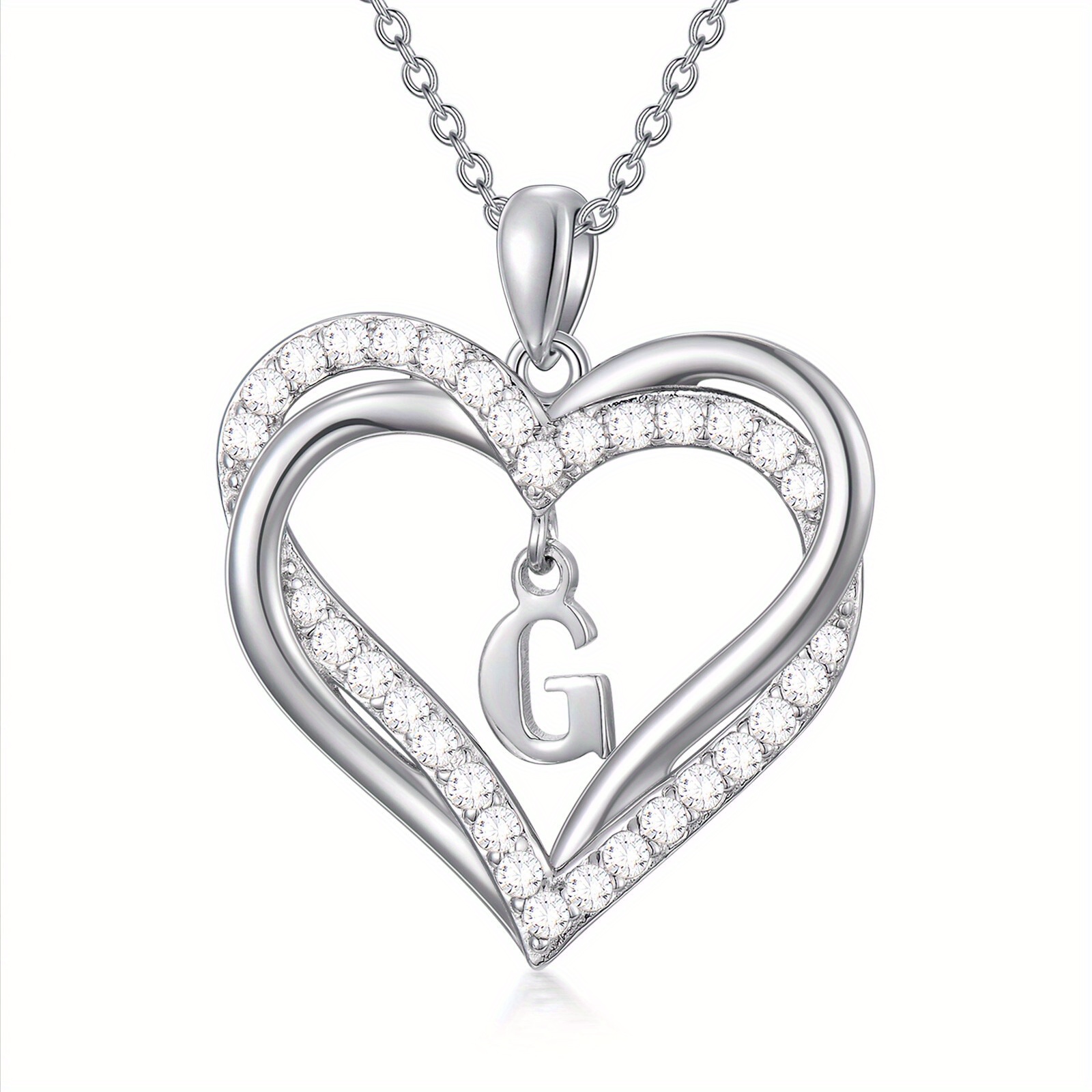 925 Silver Double Heart Initial Necklace Women