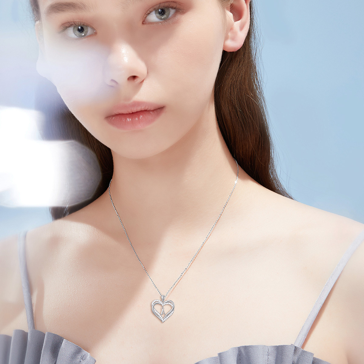 925 Silver Double Heart Initial Necklace Women