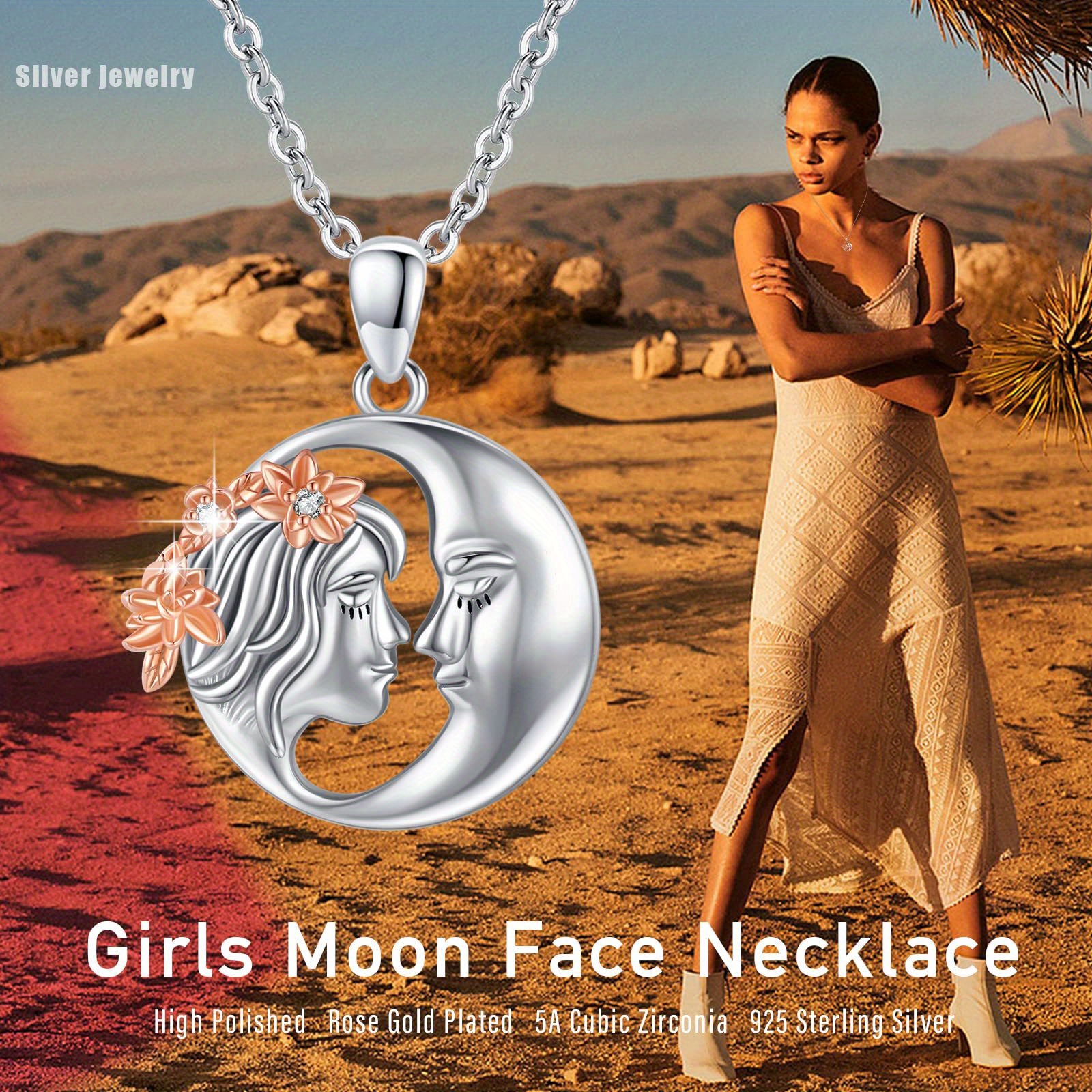 YFN 925 Silver Moon Face Necklace with Floral Design