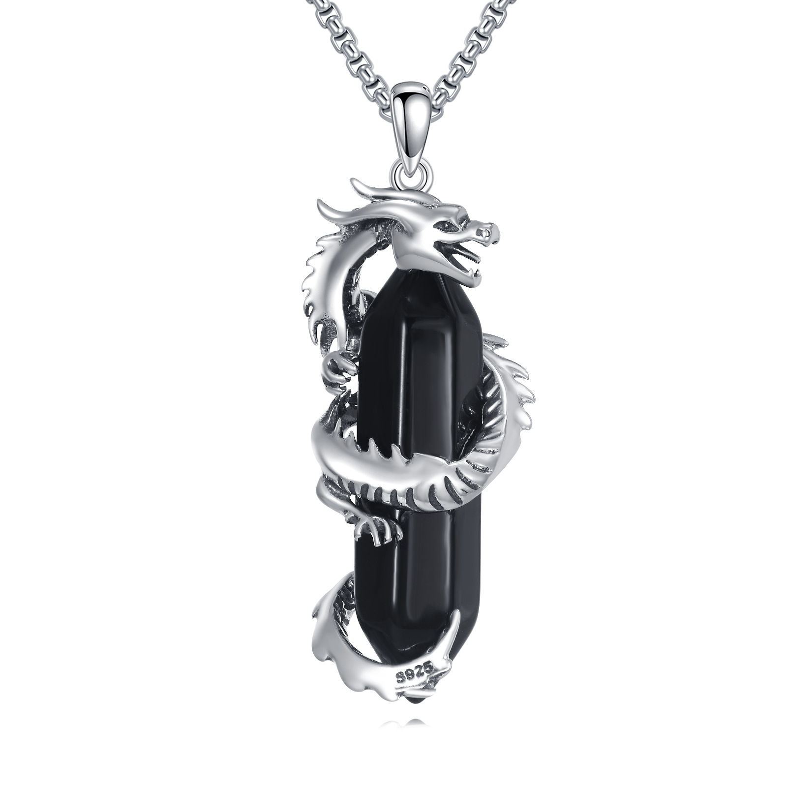 925 Sterling Silver Dragon Necklace with Obsidian, Unisex Gift