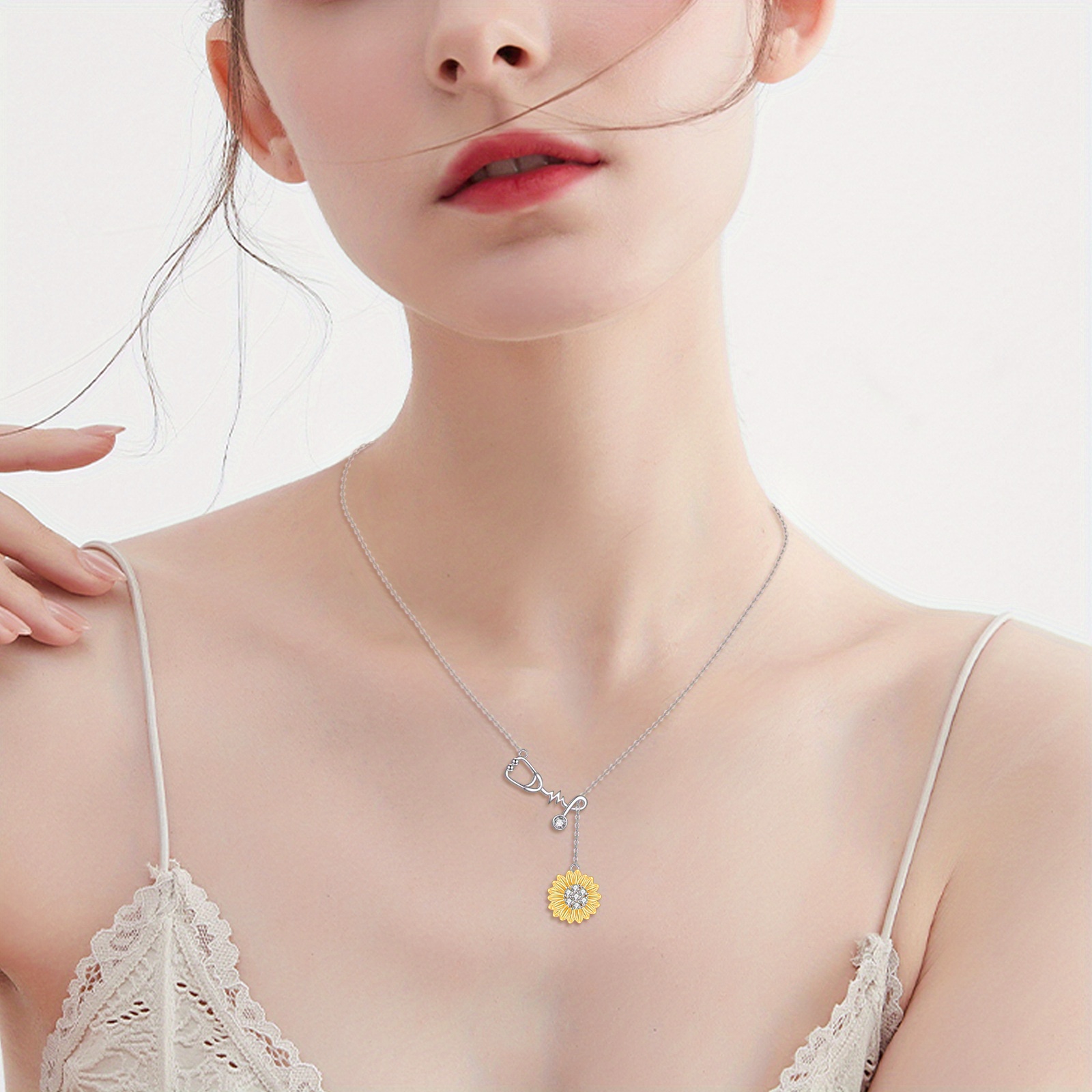 Women's 925 Sterling Silver Stethoscope Sunflower Necklace