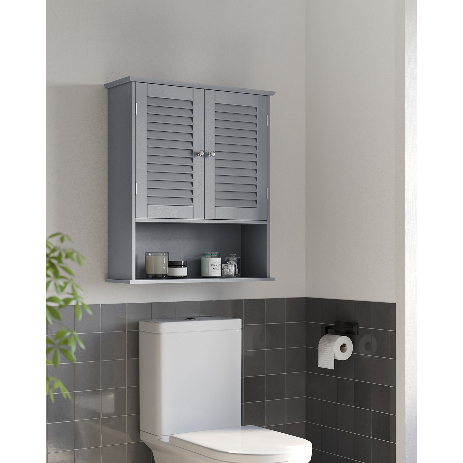 Bathroom Wall Cabinet Wall-mounted Bathroom Storage Cupboard With Adjustable Shelf Double Shutter Doors And Open Shelf 20 X 60 X 70cm