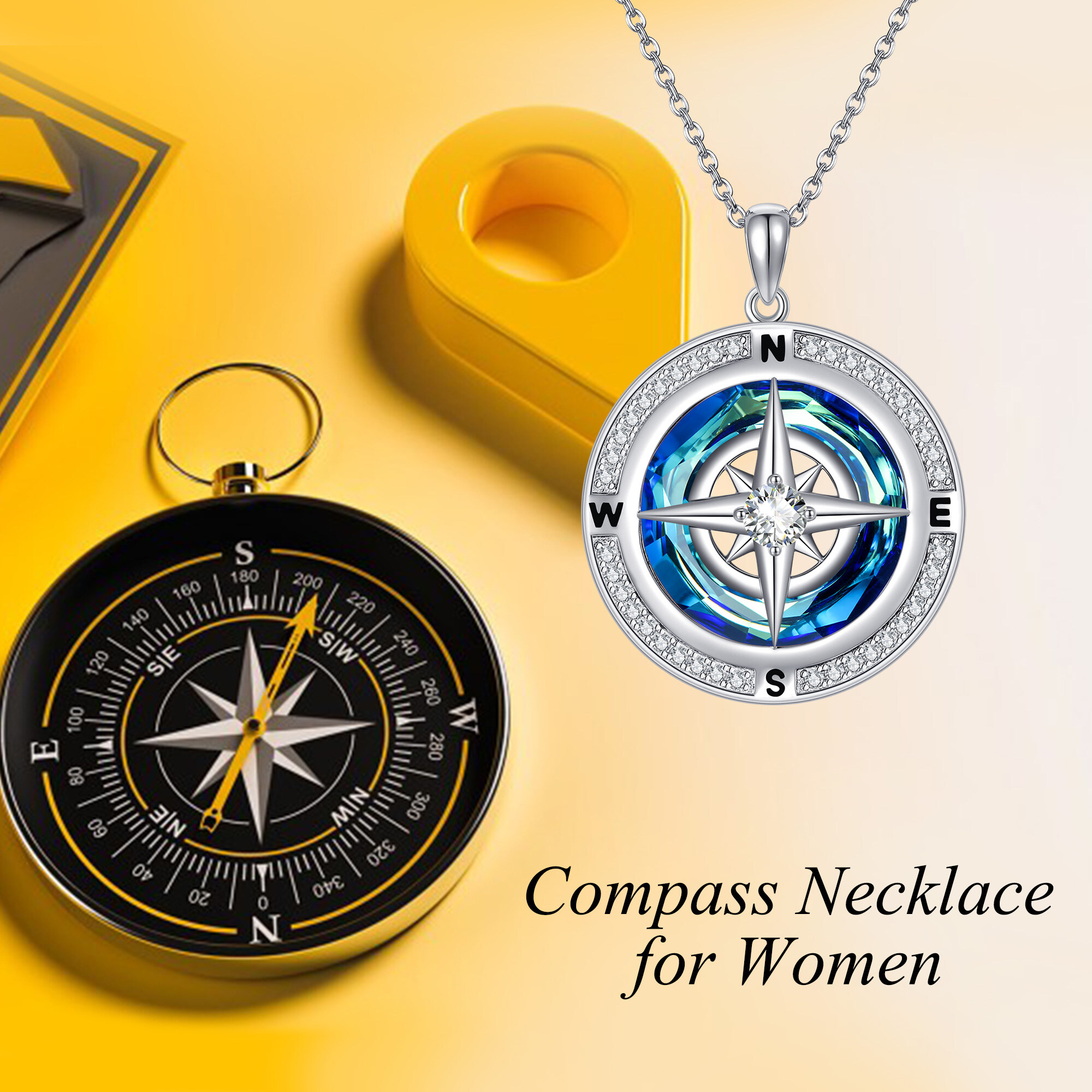 925 Sterling Silver Compass Necklace with Synthetic Zirconia