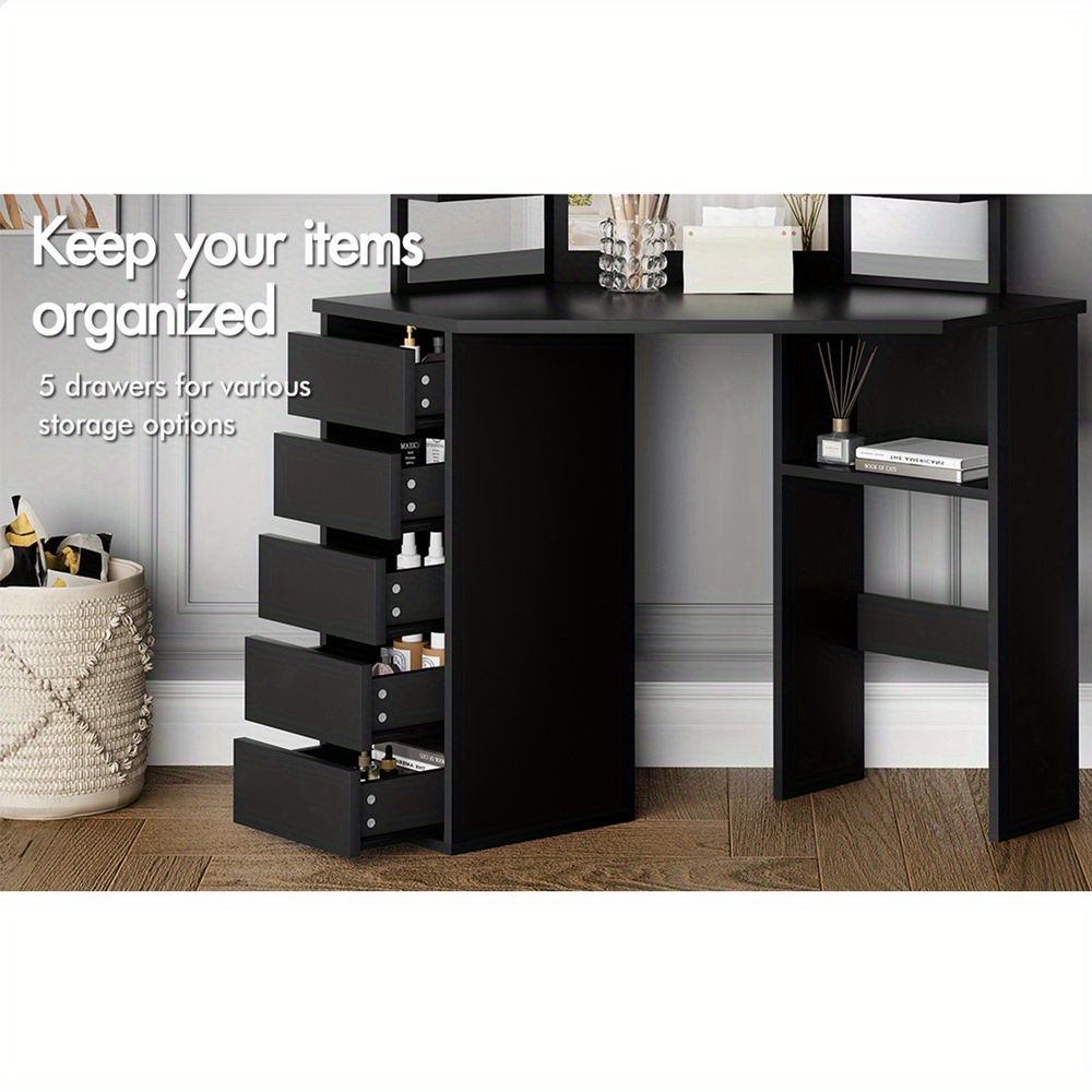 modern vanity desk set with tri fold   adjustable height stool hardwood construction   storage Product details 2