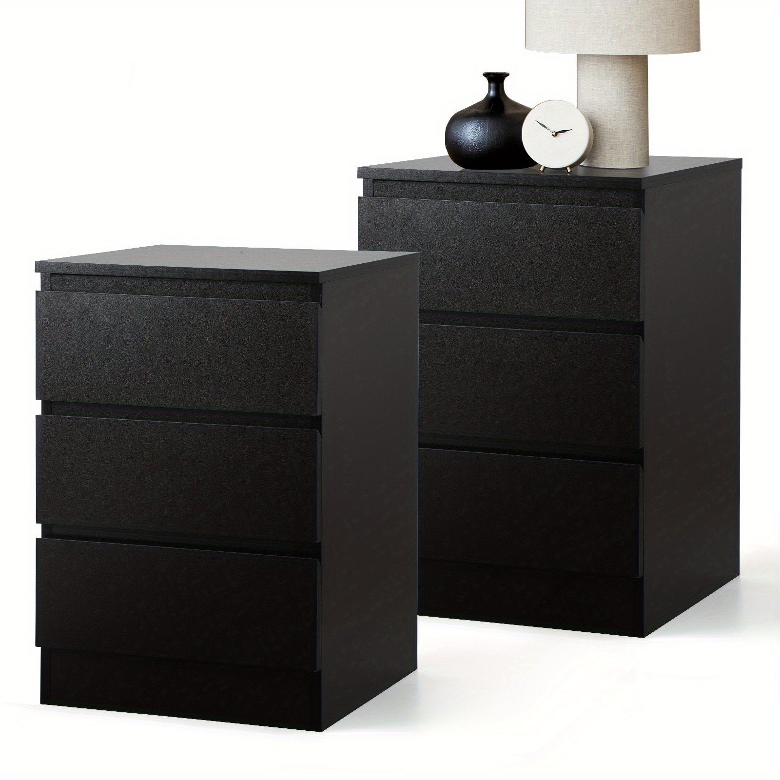 TEMU Set Of 2 Modern Bedside Tables/nightstands With 3-drawer Storage Cabinet - Black Particle Board/plywood, Space-saving Small Bedside Tables With