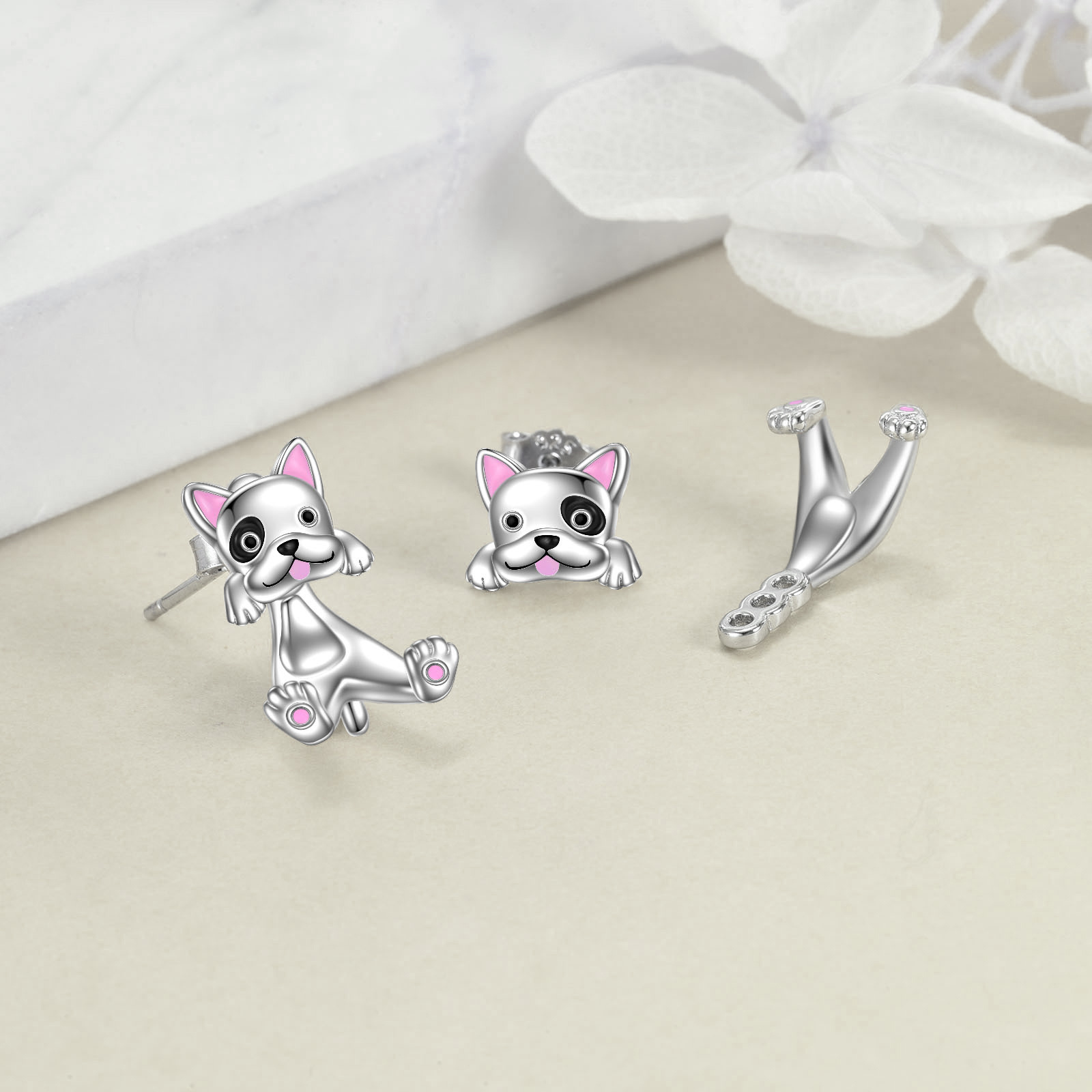 925 sterling silvery french bulldog dangle earrings dual layered design synthetic stone platinum plated   versatile jewelry for daily wear gifting cute earrings Product details 1