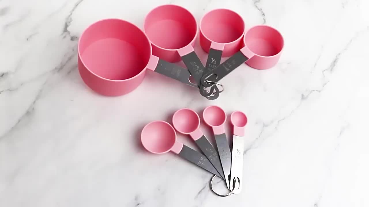 Pink Measuring Cups and Spoons Set - Sturdy 8pc Pink & Gold Measuring Cups and Spoons Set Stainless Steel with Pink Silicone Handle- Pink Kitchen