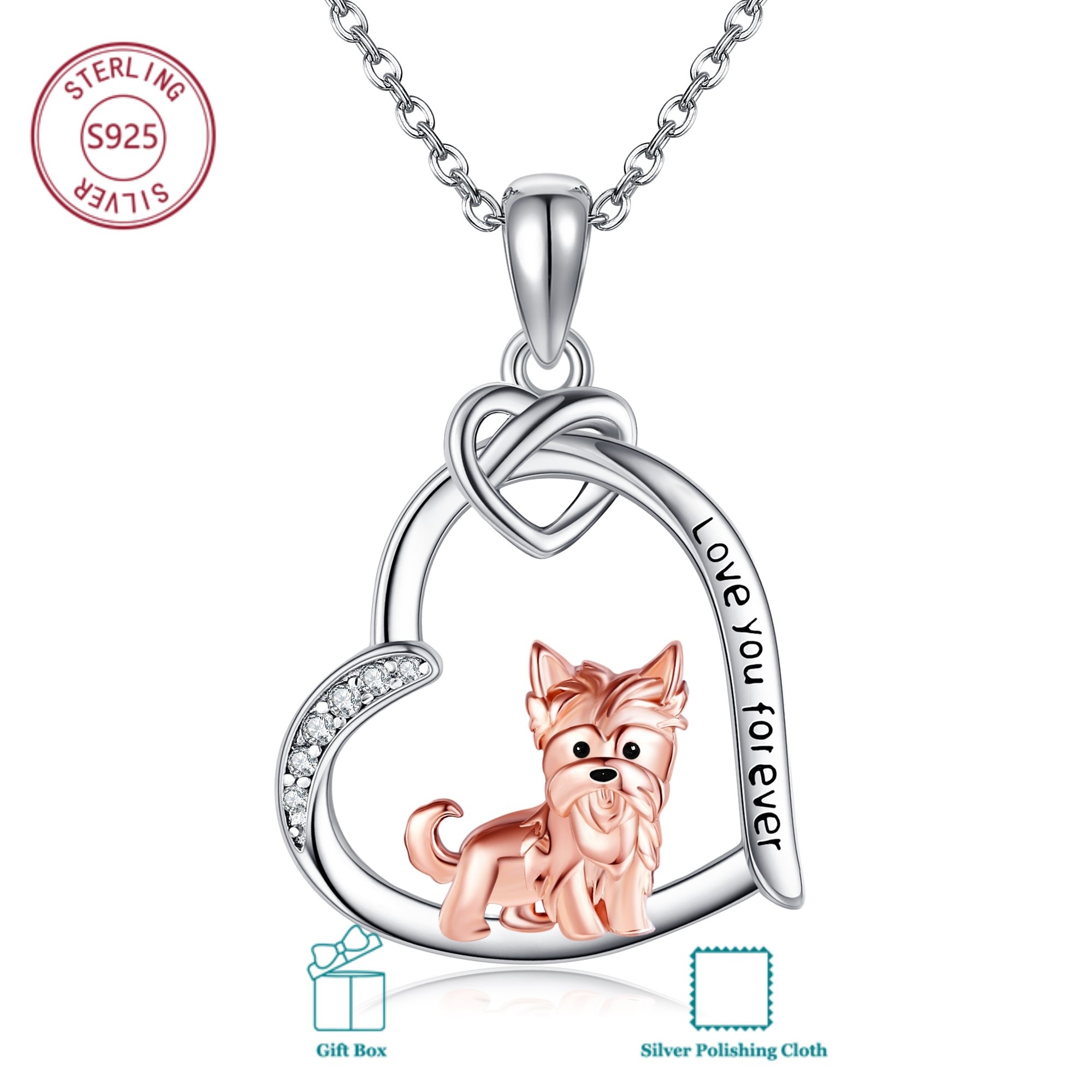 925 Sterling Silver Yorkshire Terrier Necklace with Zirconia