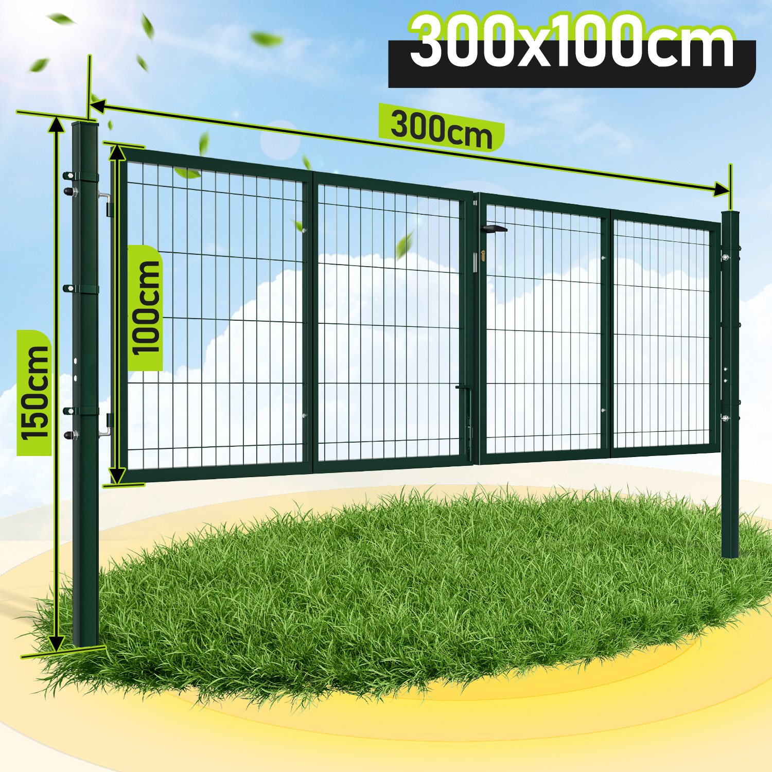 Image of 300/350 X 100cm Double-wing Metal Garden Gate Including Lock, Handle, Ground Sleeve, And Connecting Clamps - For Gardens, Yards, And , In Round Or Square Tubing (/green)