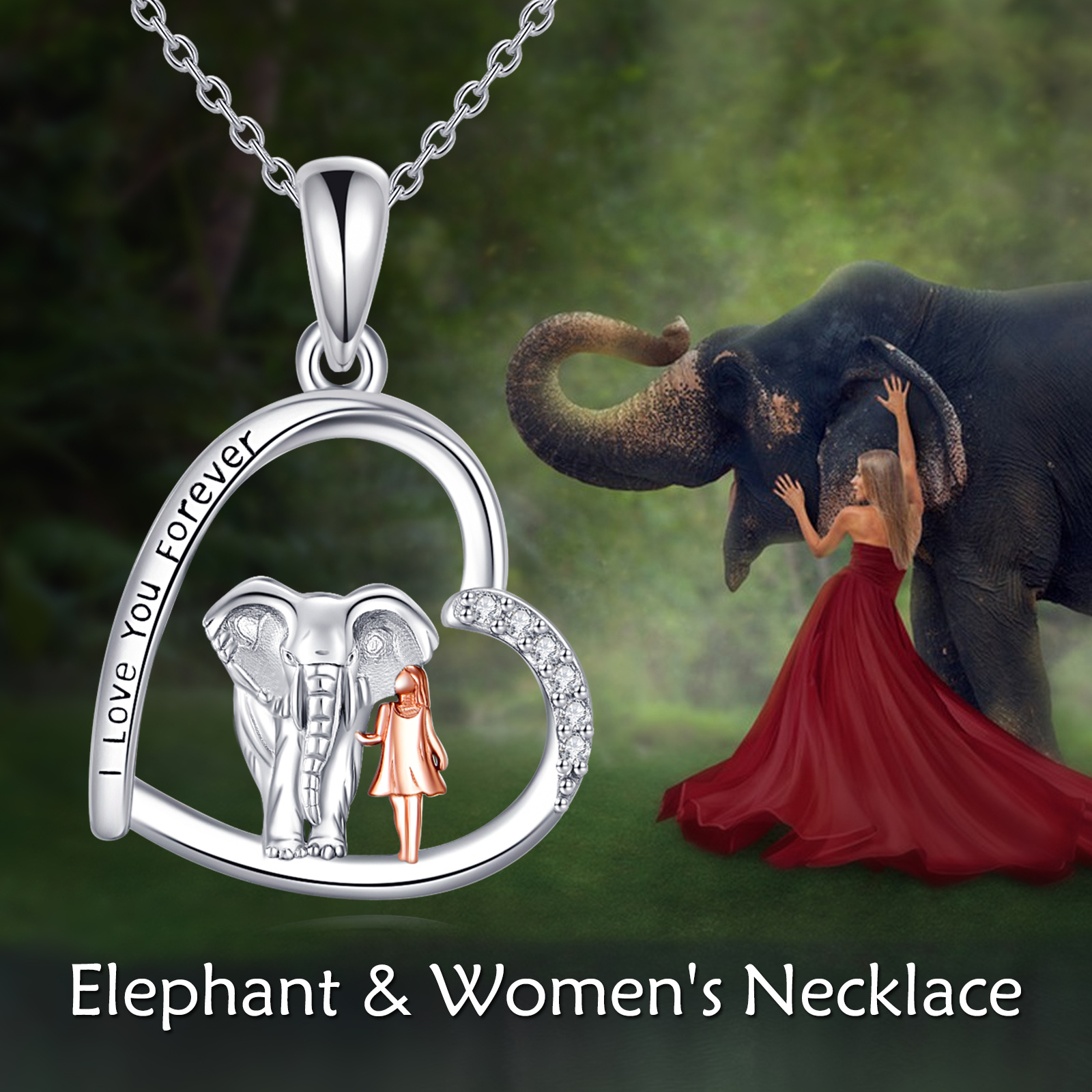 S925 Sterling Silver Elephant Necklace with Synthetic Zirconia, Hypoallergenic