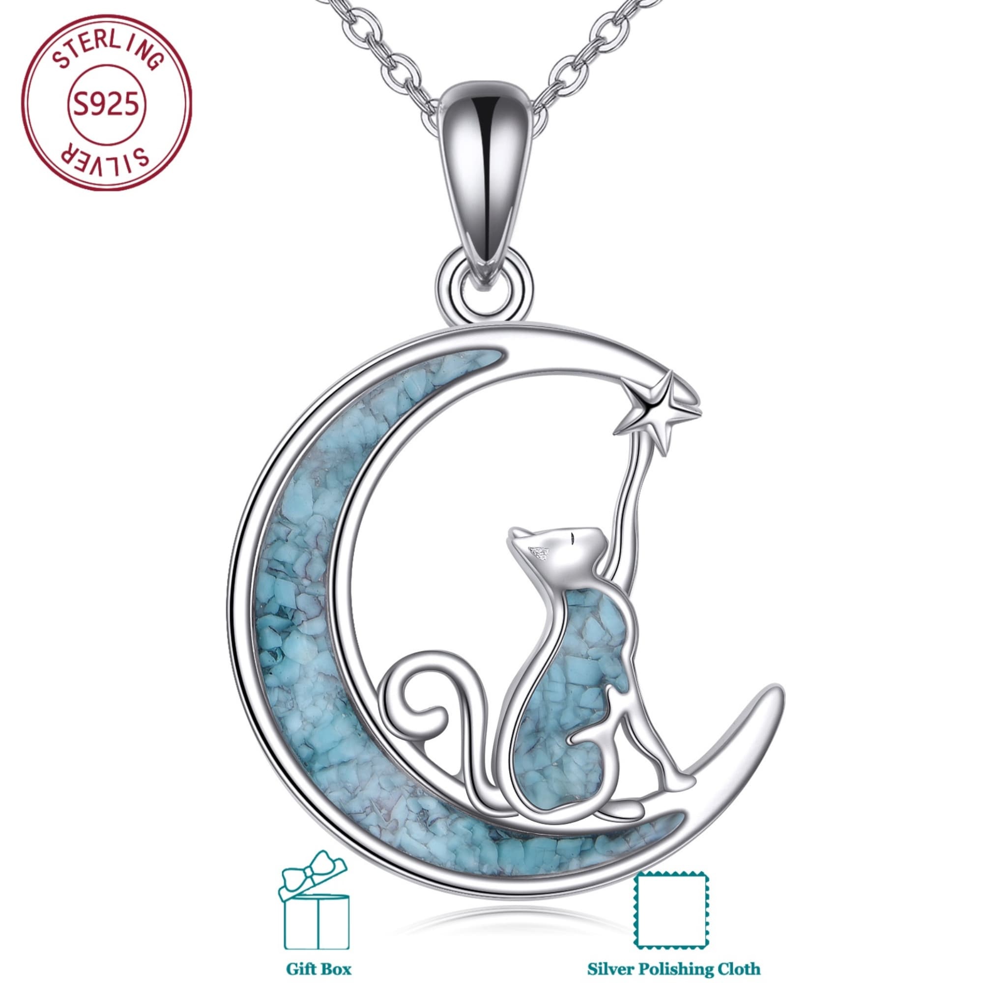 925 Sterling Cat Pendant Necklace With Synthetic Turquoise, Mysterious Pet Theme Gemstone Necklace, Elegant & Daily Gift For Women