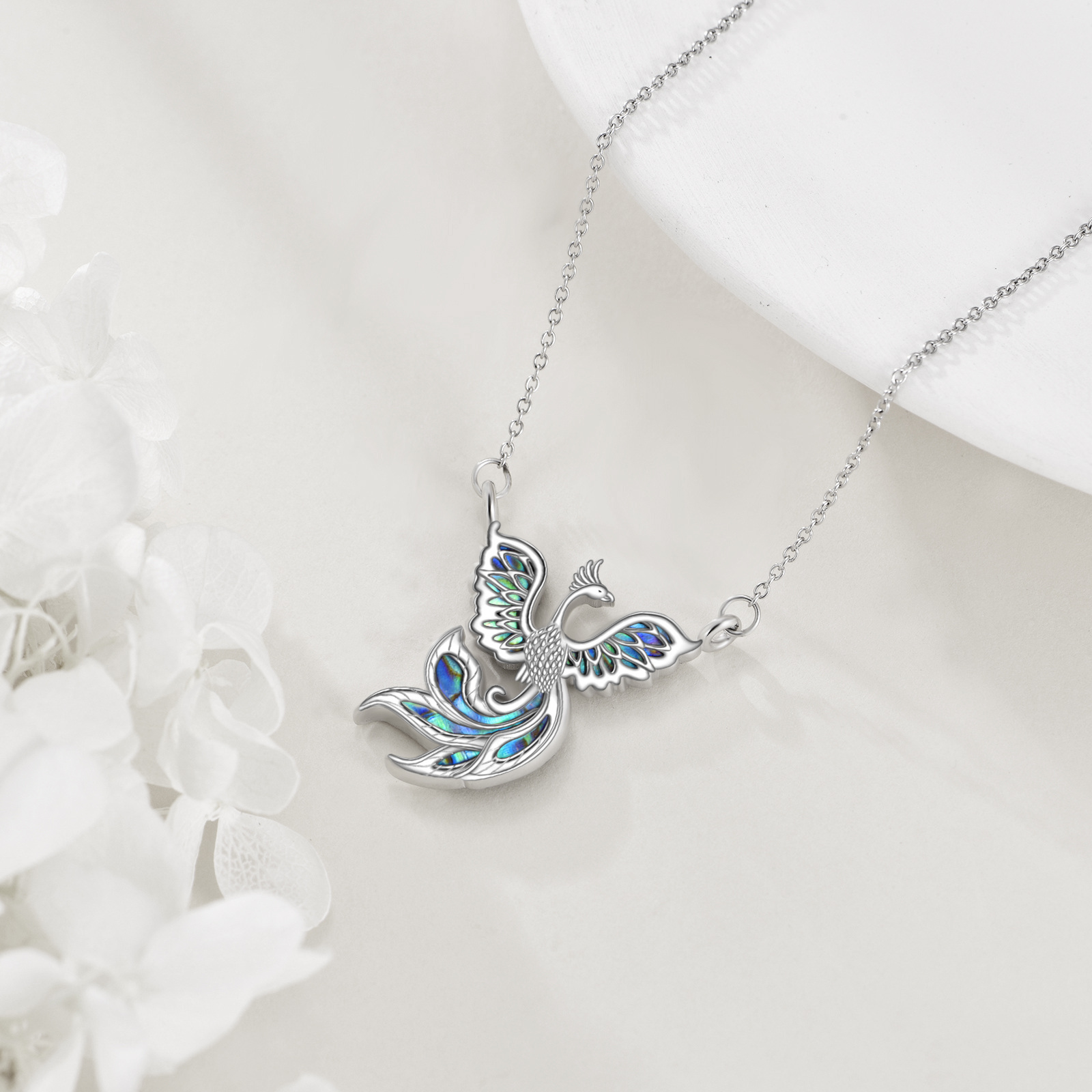 YFN Phoenix Necklace Silver Phoenix Pendant Abalone Shell Phoenix Jewelry