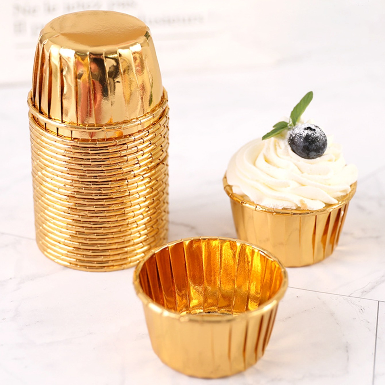 Blue and Gold Foil Cupcake Liners, Muffin Cups for Baking (2.75x1