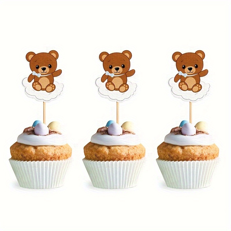24 Pcs Cute Bear Cupcake Toppers Pooh Bear Cupcake Decaration Cartoon Theme Birthday Party Supplies for Kids Birthday Cake Decorations Baby Shower