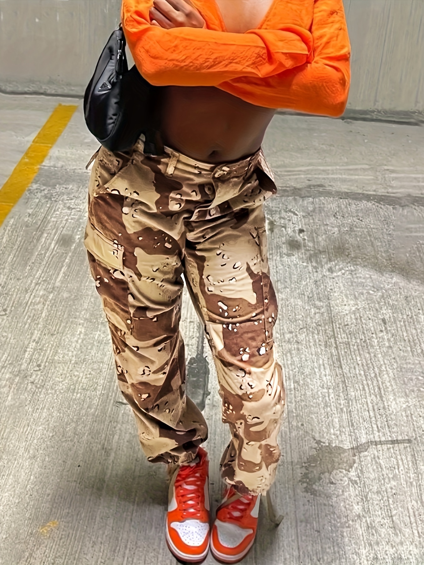 Camo Flap Pockets Cargo Pants Elastic Waist Y2k Style - Temu New