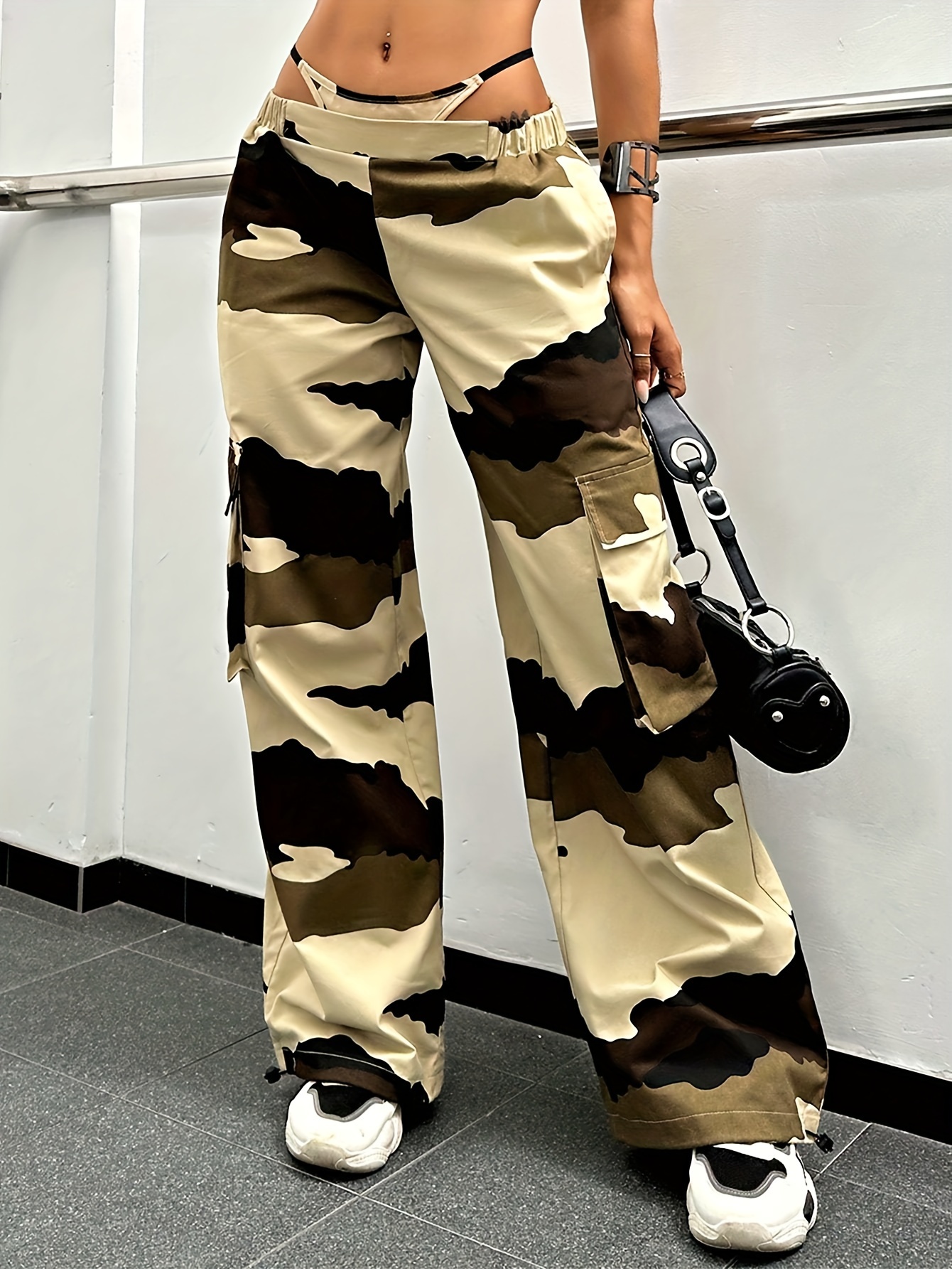 Plus Size Halloween Y2k Pants, Women's Plus Skull & Camo Print Wide Leg  Slight Stretch Trousers