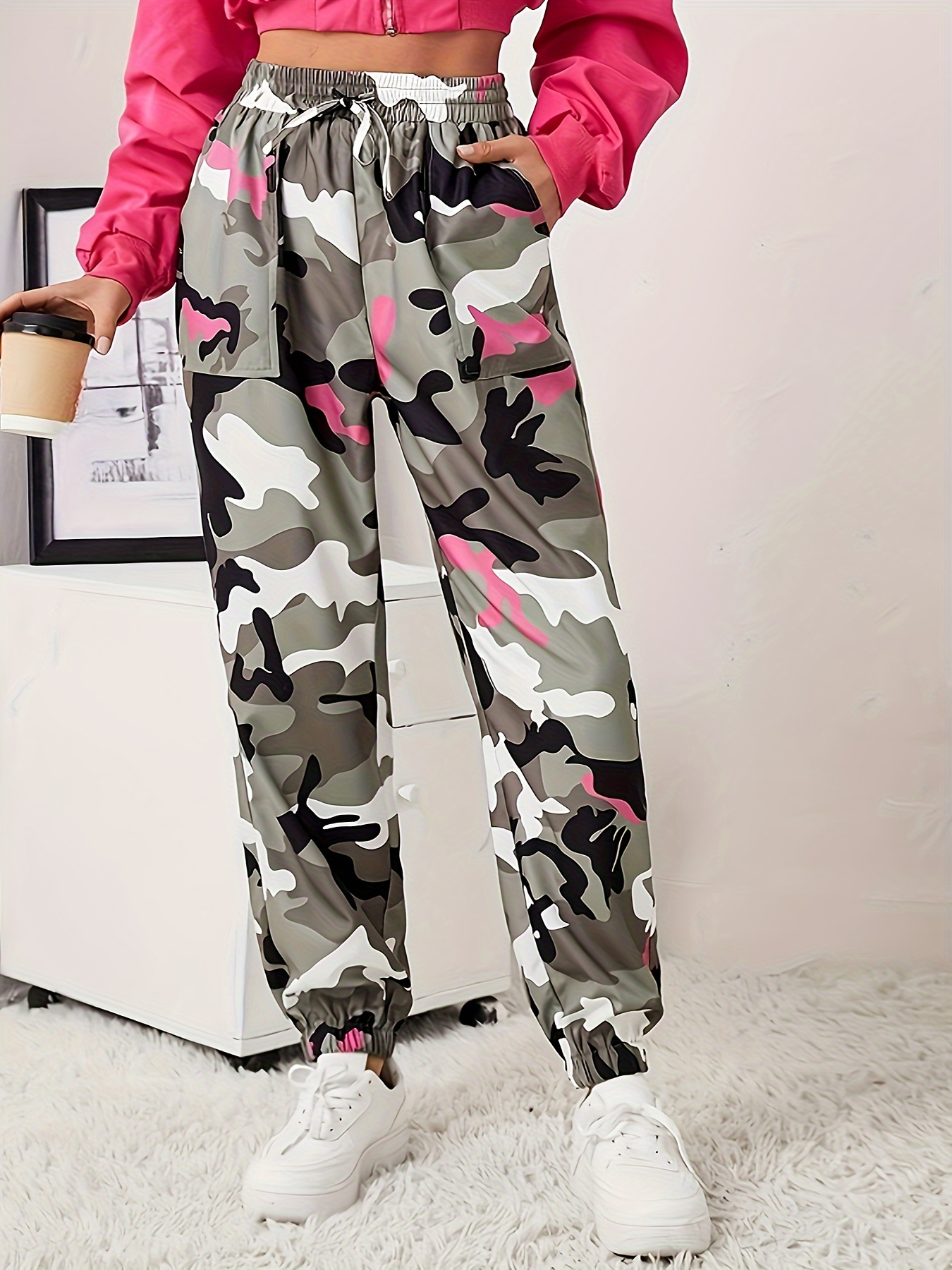 Camo Print Drawstring Pants, Casual Skinny High Waist Pants, Women's  Clothing