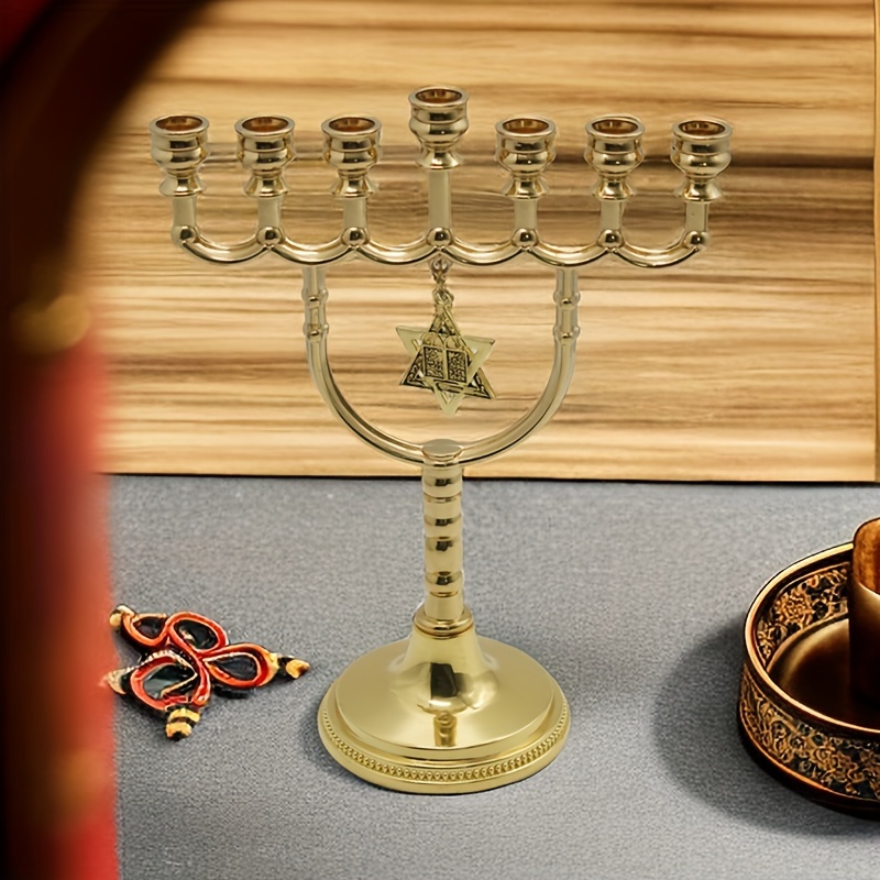Big Gold Jerusalem Candle Holder Judaica 7 Branch Shalom Israel Menorah  Hannukah