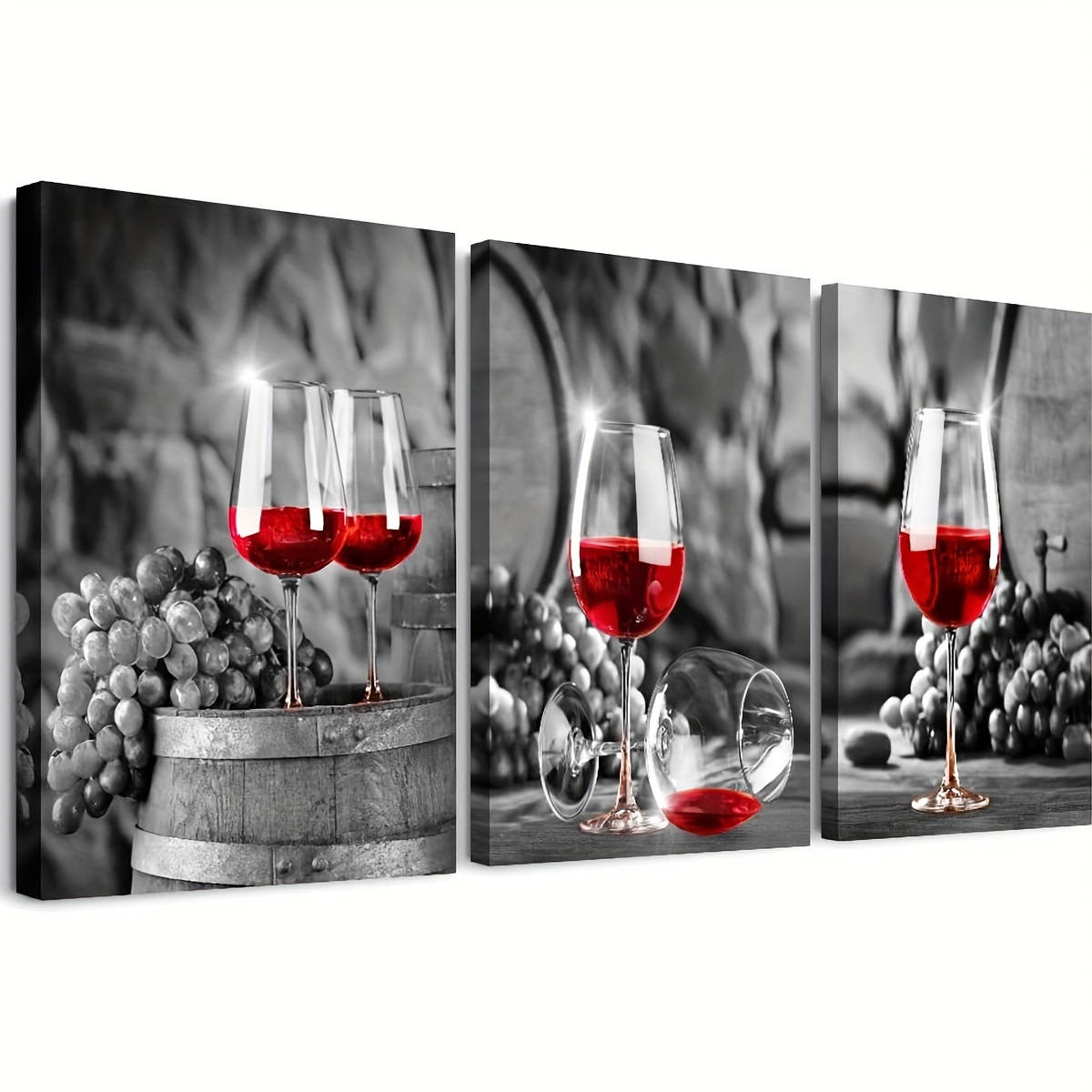 Lienzo grande para pared, diseño de copas de vino tinto, frutas y uvas,  imágenes HD para decoración de comedor, 3 paneles enmarcados, arte de pared
