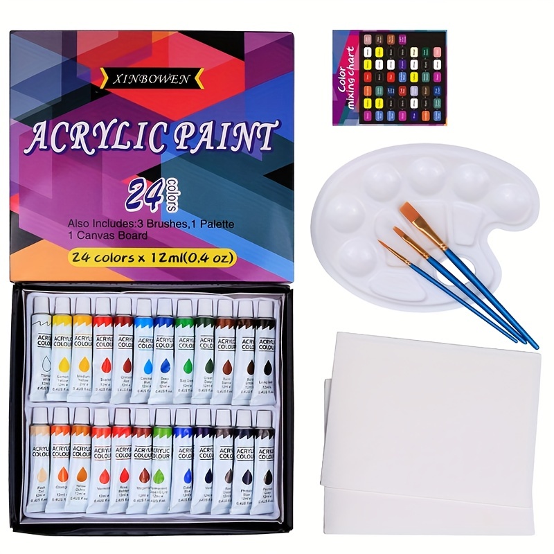 12 Bottles Acrylic Paint Set With 12 X 2.03oz Premium Acrylic Paint, 3  Paint Brushes For Canvas, Wood, Paper, Metal, Porcelain And More,  Professional
