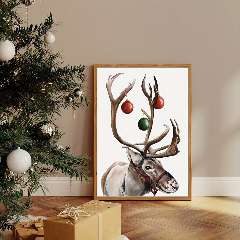 Christmas Canvas Wall Art Framed Wall Decoration Xmas Tree Elk Deer  Reindeer Wall Oil Paintings Snowflake Snow Forest Aesthetic Wall Artwork  Ready to