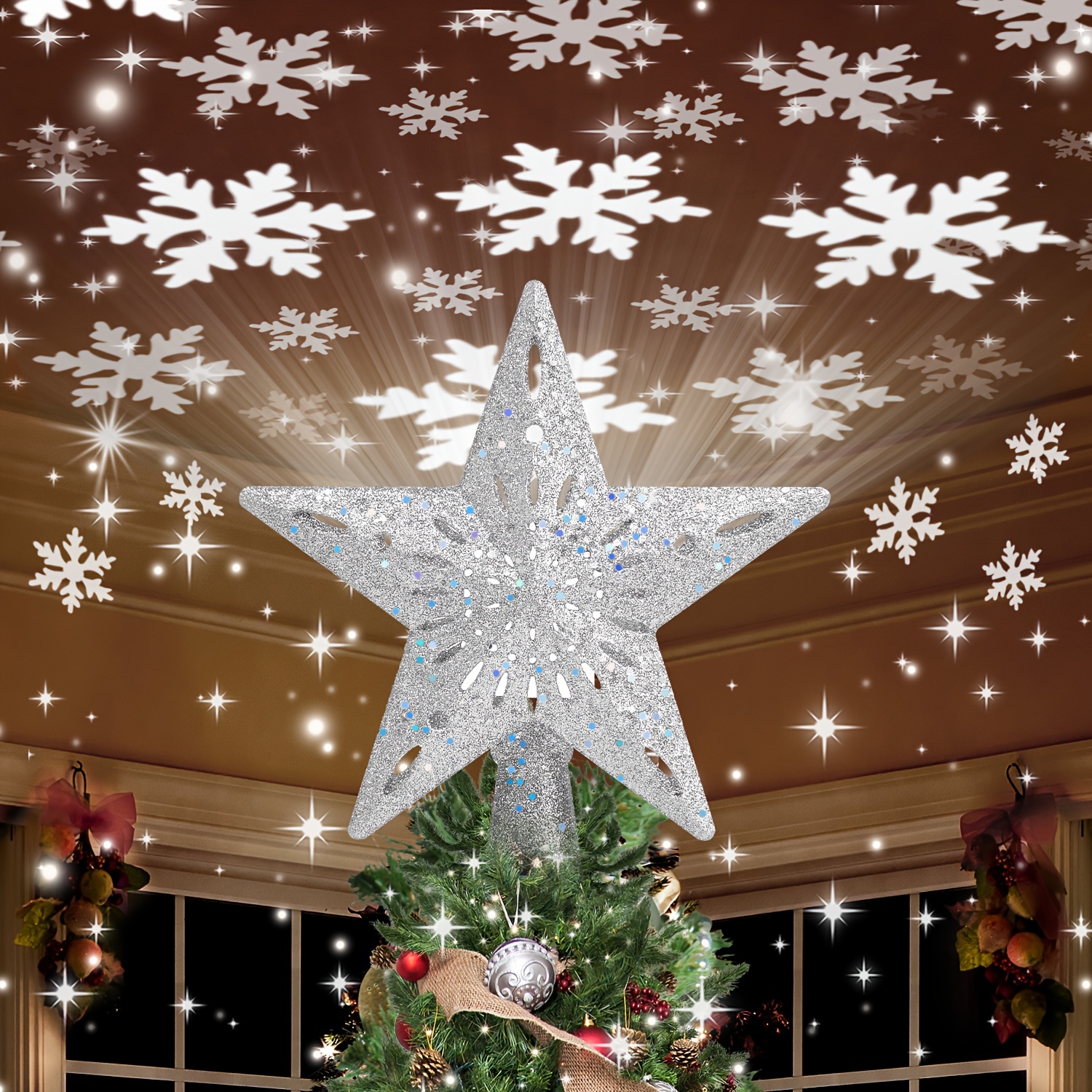 1pc Christmas Tree Topper Hat With Star And 11 Modes Led Projection Lamp,  Remote Control, Us Plug