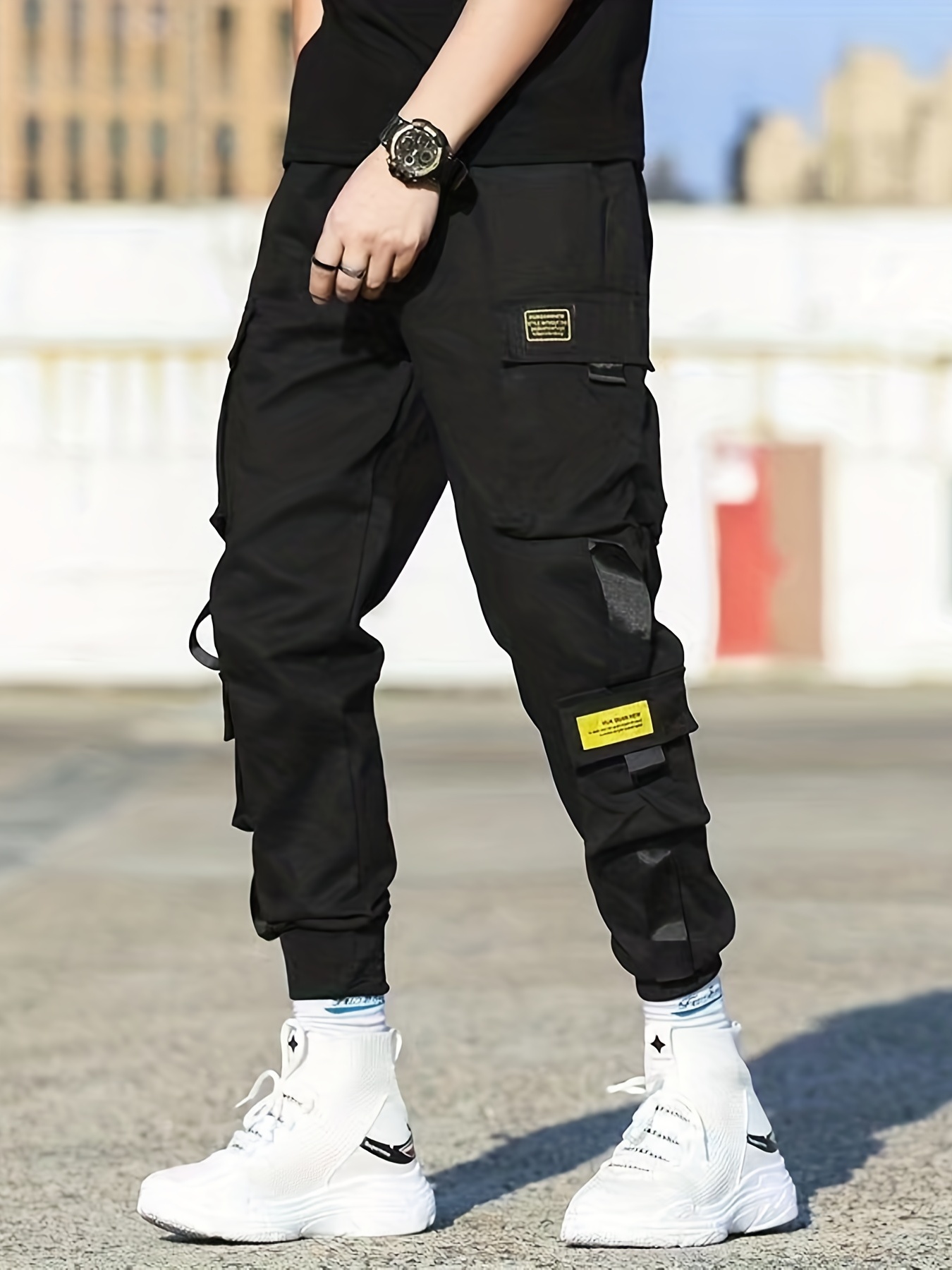 Plain Flap Pockets Sporty Pants Loose Fit Side Drawstring - Temu