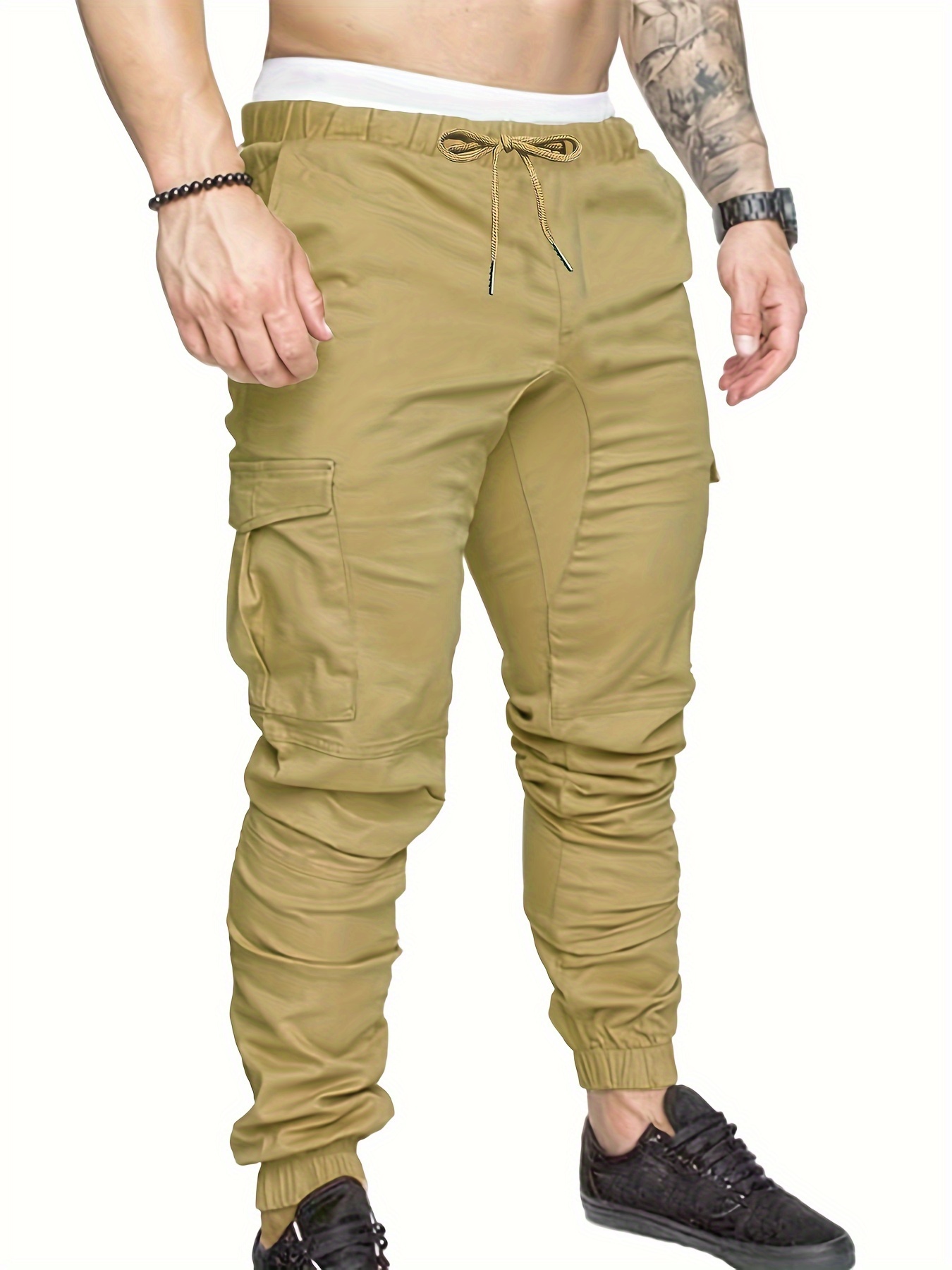 Cargo Pants for Men Solid Comfy Belted Button Elastic Waist