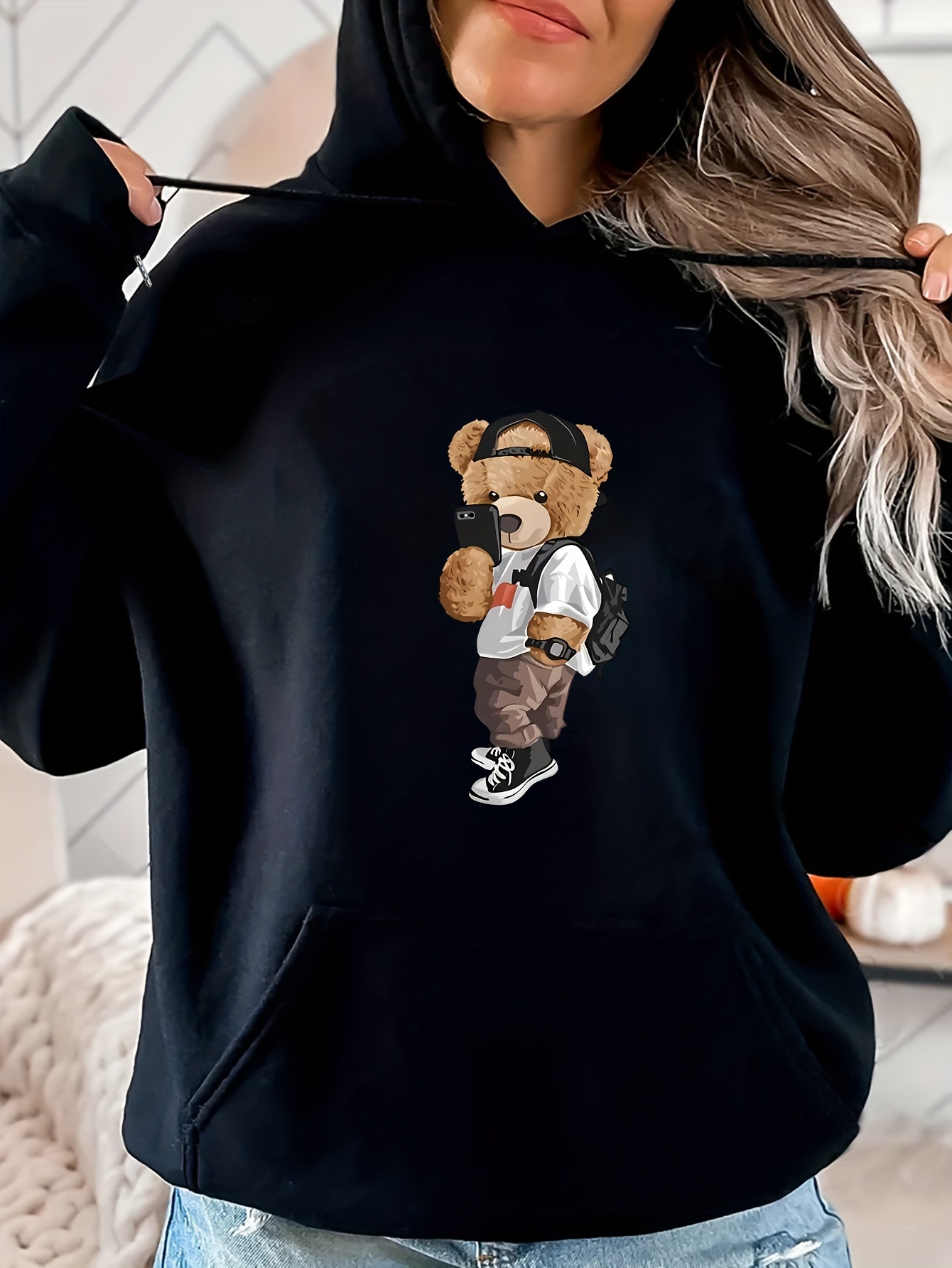 Beautiful Teddy Bear Printed Hoodie Women Hang On To Your Dreams Knowledge  Is Power Sweatshirt Cotton