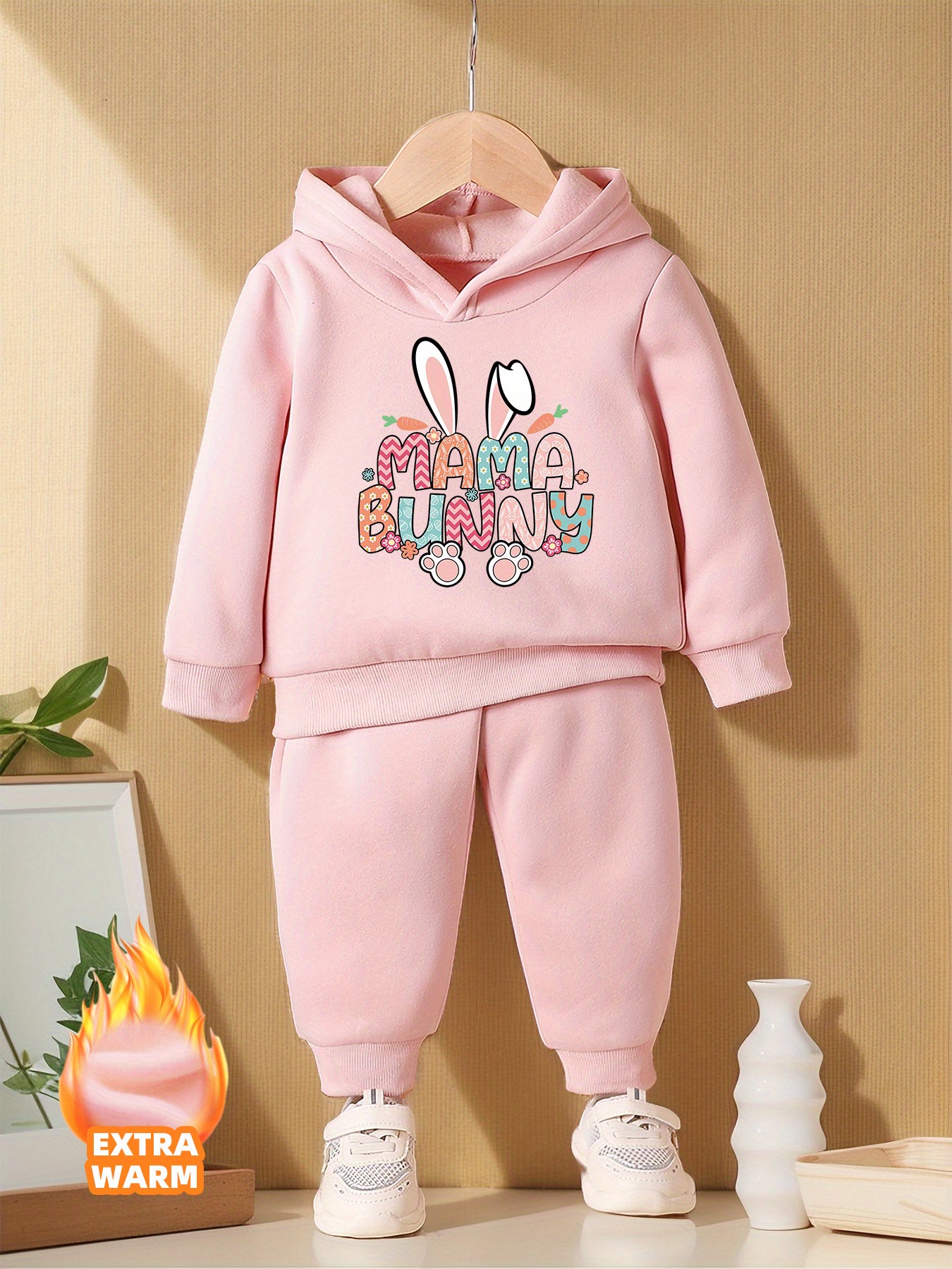 Baby 2pcs Cartoon Rabbit 3D Ear Pink Long-sleeve Fleece Hoodie and Trouser Set