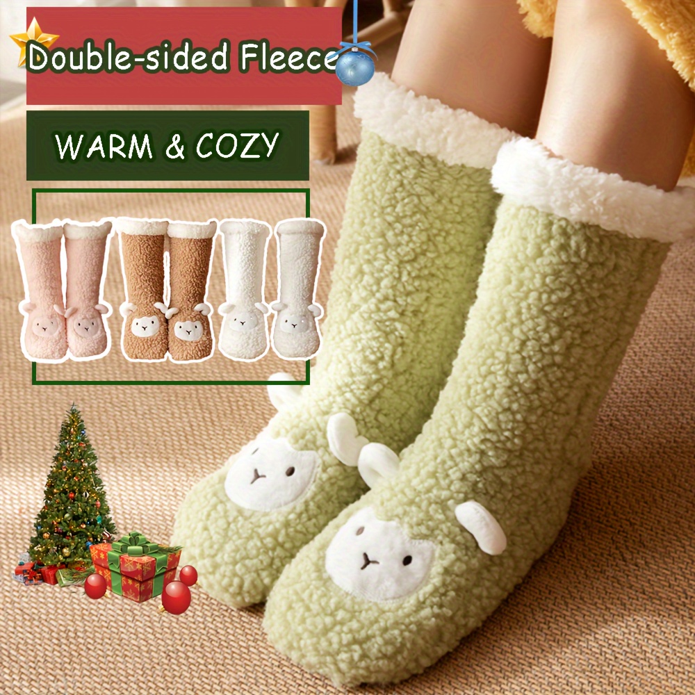 Christmas Women Kawaii Non Slip Socks Fuzzy Fleece-Lined Warm Floor Socks 2  Pairs
