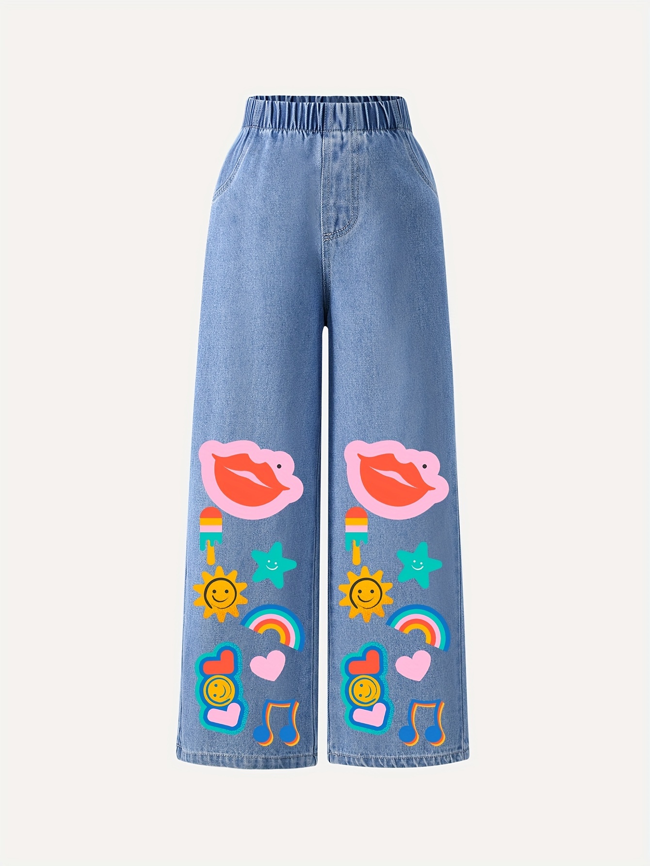 Cute Alien Graffiti Print High * Denim Pants, Cartoon Pattern Kawaii Loose  Casual Slash Pocket Jeans, Women's Denim Jeans & Clothing