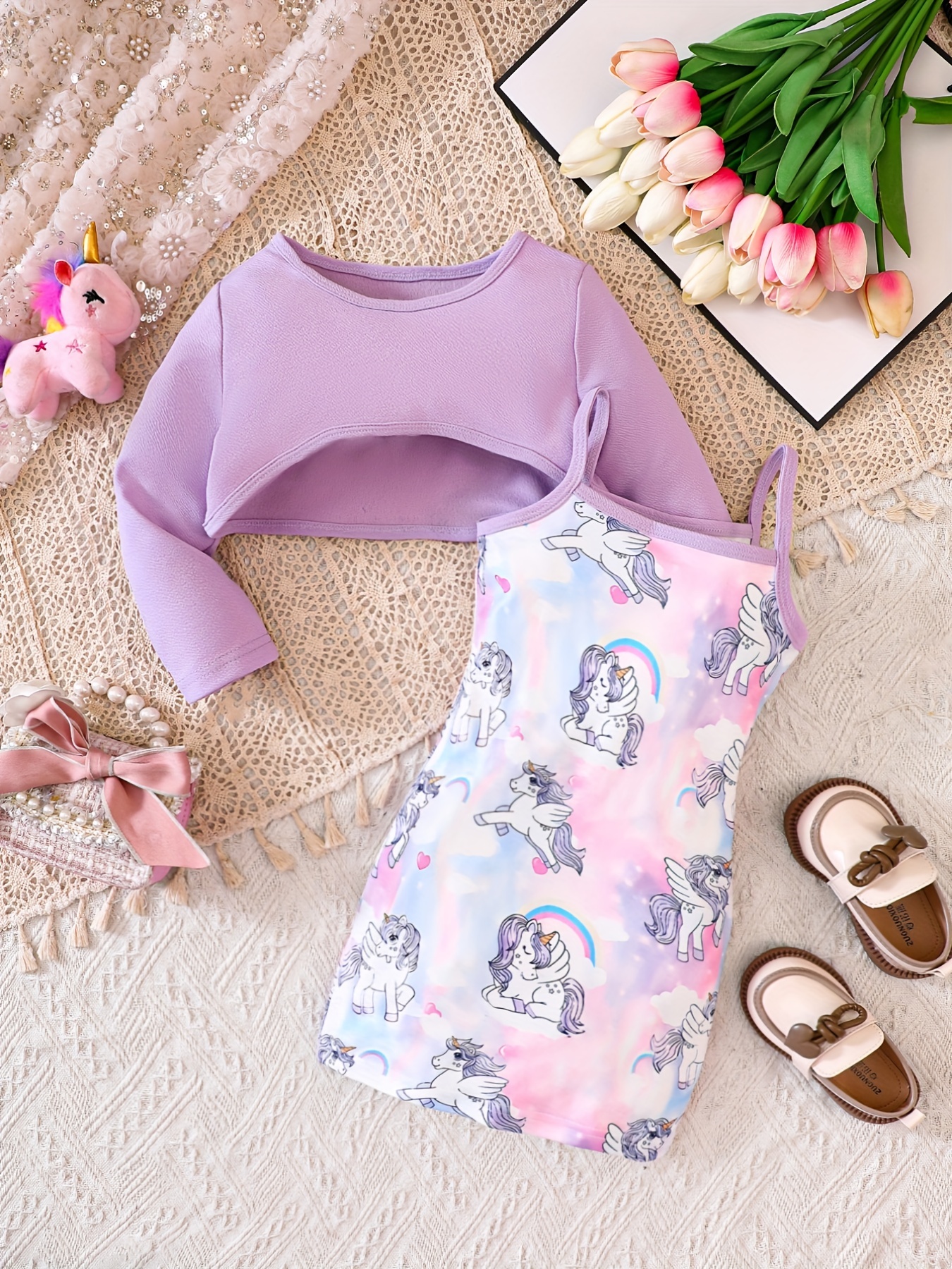 Girl's Butterfly Pattern Outfit 2pcs, Crop Top & Sundress Set, Kid's Trendy  Clothes For Summer