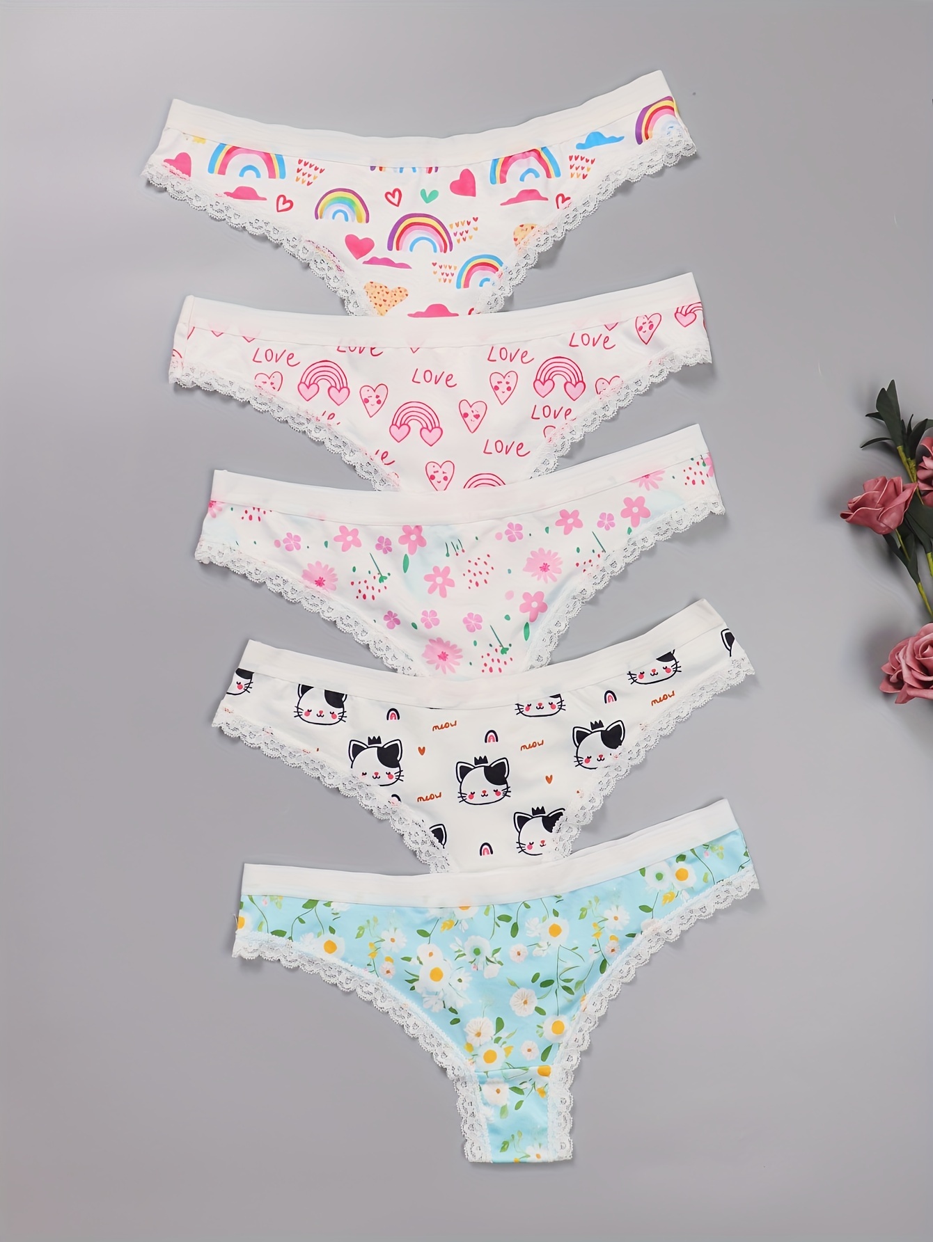 5 Pcs Contrast Lace Thongs, Cute Heart & Floral Stretchy Intimates Panties,  Women's Lingerie & Underwear