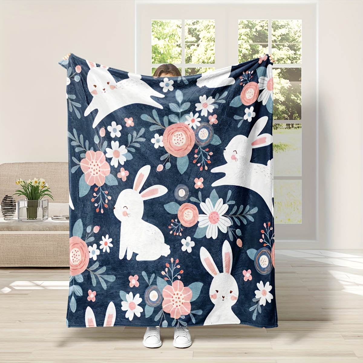 1pc Thin White Rabbit Print Pad Mat For Sofa Bed Floor, Waterproof