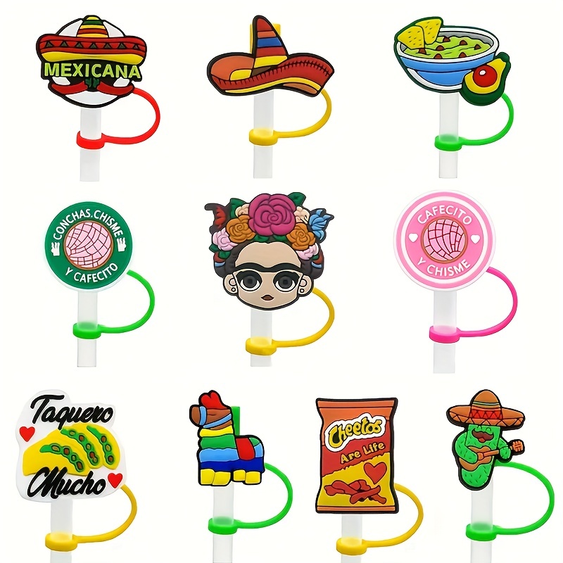 10pcs 1cm/0.4in Cartoon Nursing Theme Straw Covers, Reusable Dustproof  Silicone Straw Cap, Cup Accessories