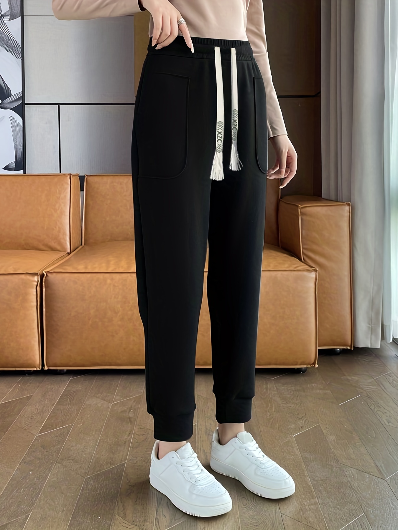 Pantalones deportivos de algodón para mujer, cintura alta, pantalones  deportivos holgados con bolsillos