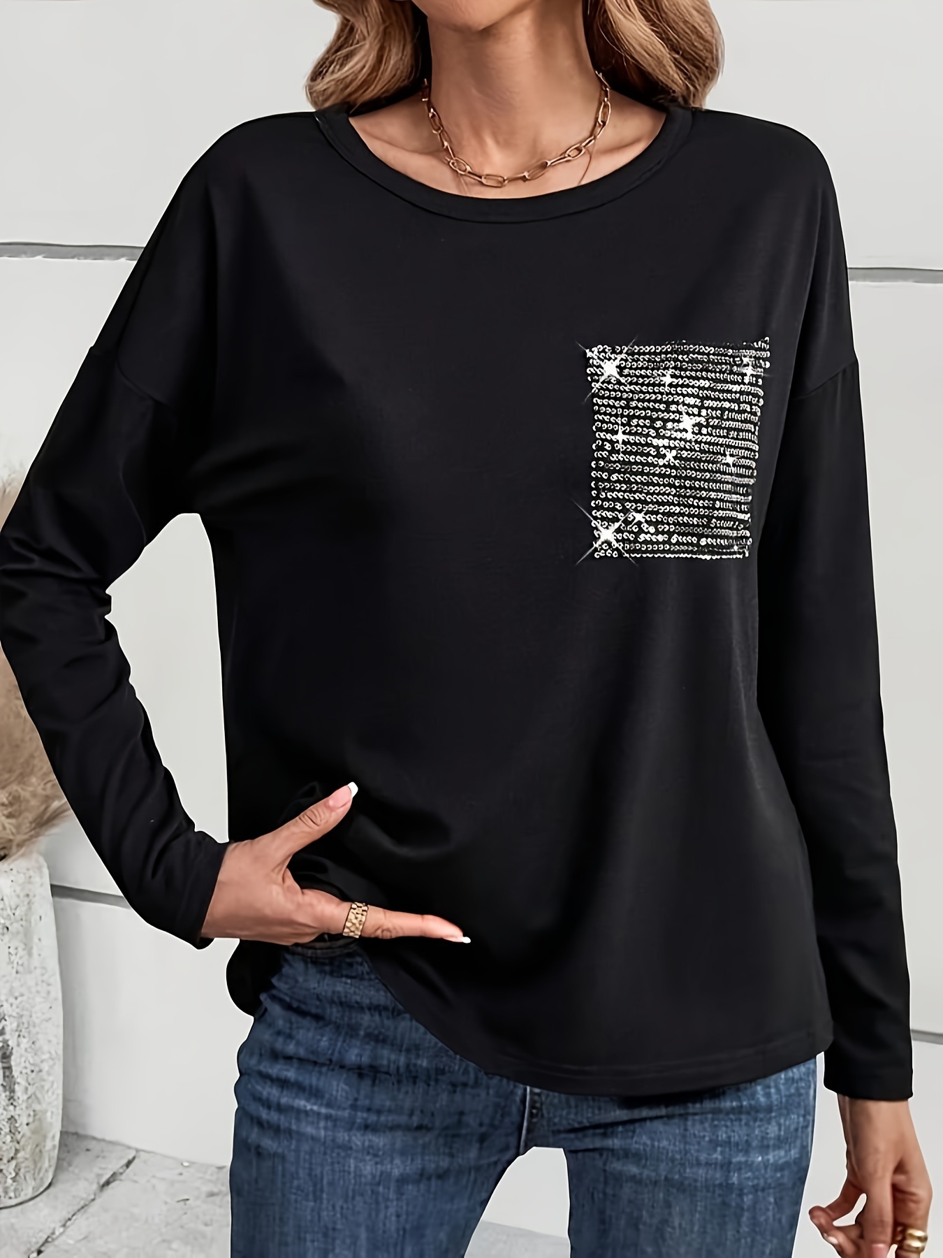 Camiseta Mujer Camiseta Negra Manga Larga Escote Redondo - Temu