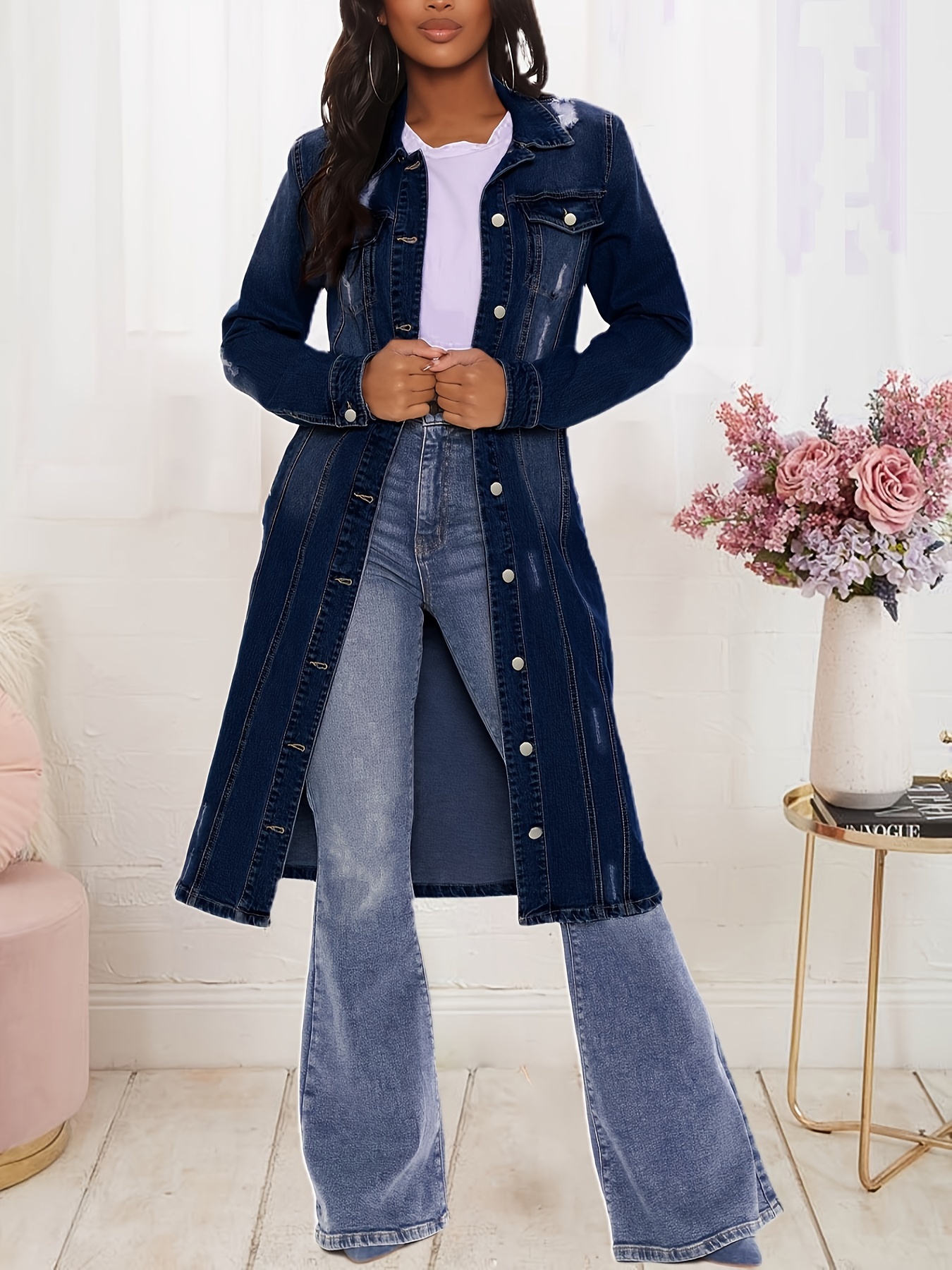 Long denim duster on sale coat