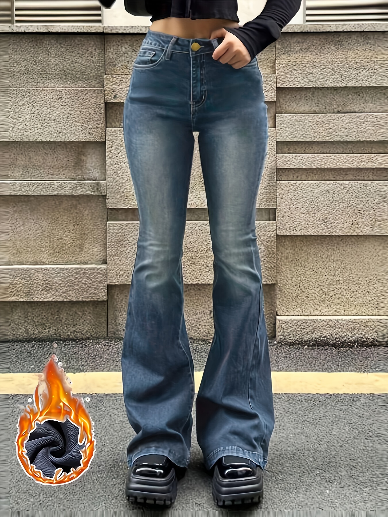 Y2K Style Washed Flare Jeans, Slant Pockets High Stretch Bell Bottom Jeans,  Women's Denim Jeans & Clothing