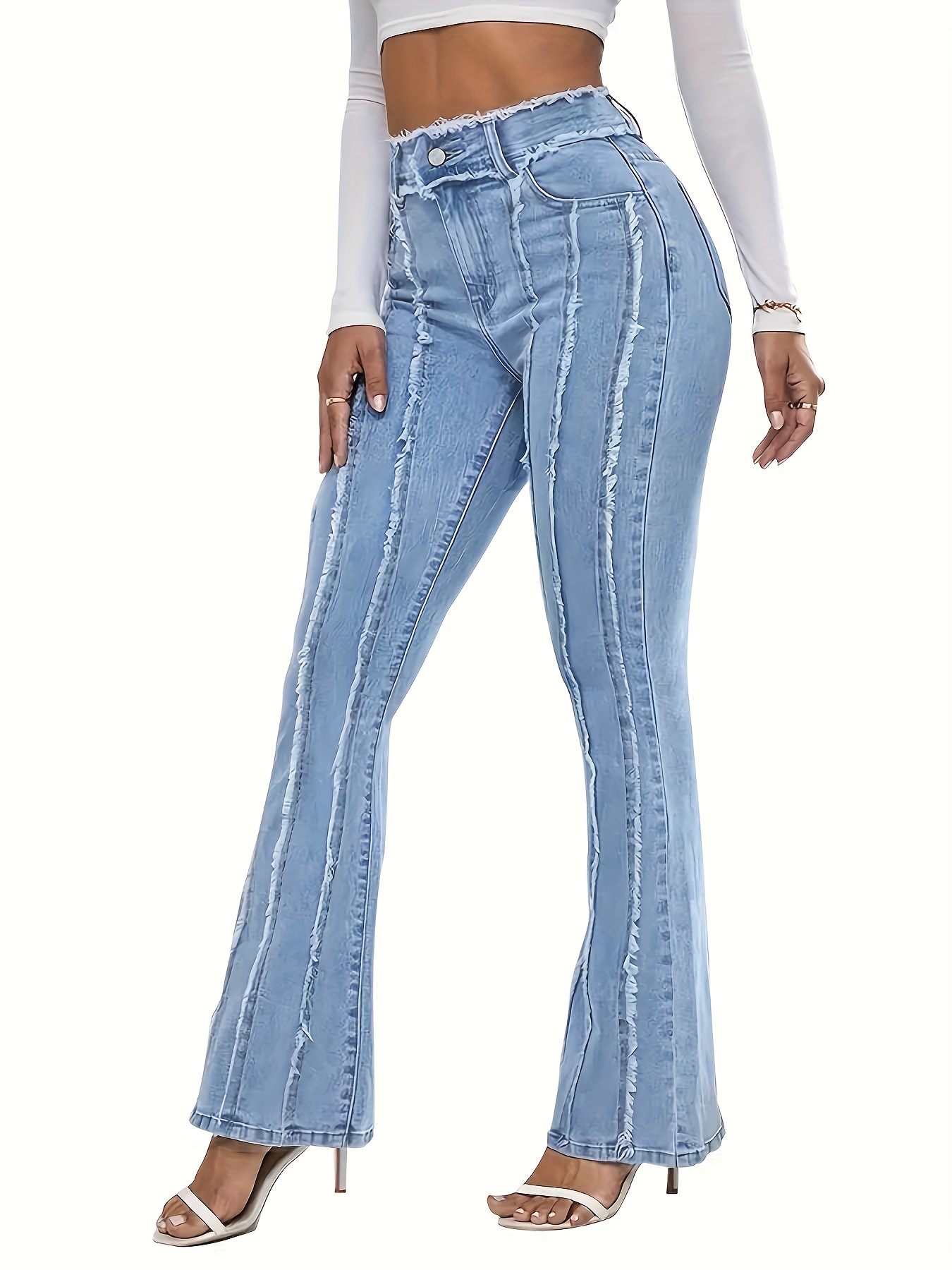 Jeans Ajustados De Cintura Alta Azul, Pantalones De Mezclilla De Estilo  Callejero Ultradesgastados, Jeans Y Ropa De Mujer