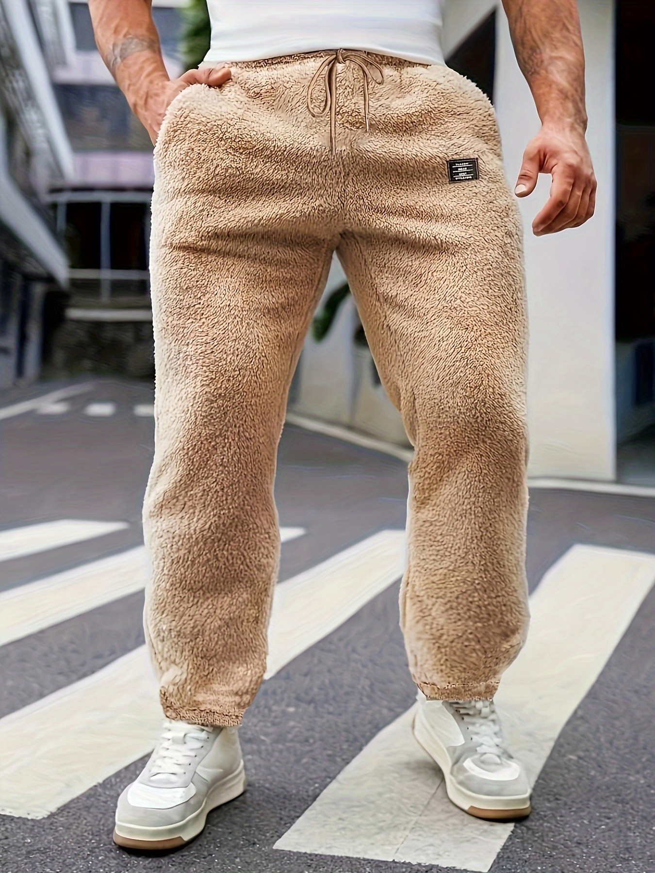 Men Sweatpants Sherpa Lined Winter 3 Pockets Sports Thermal Pants  Drawstring Jogging Pants Fleece Pants 