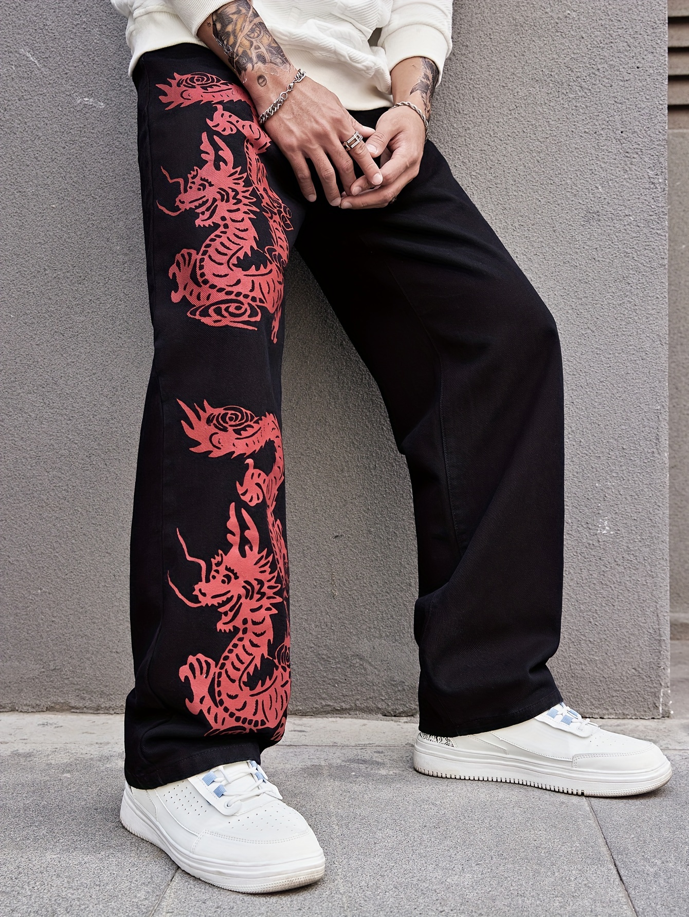 Dragon Print Drawstring Sweatpants Loose Fit Pants Men's - Temu