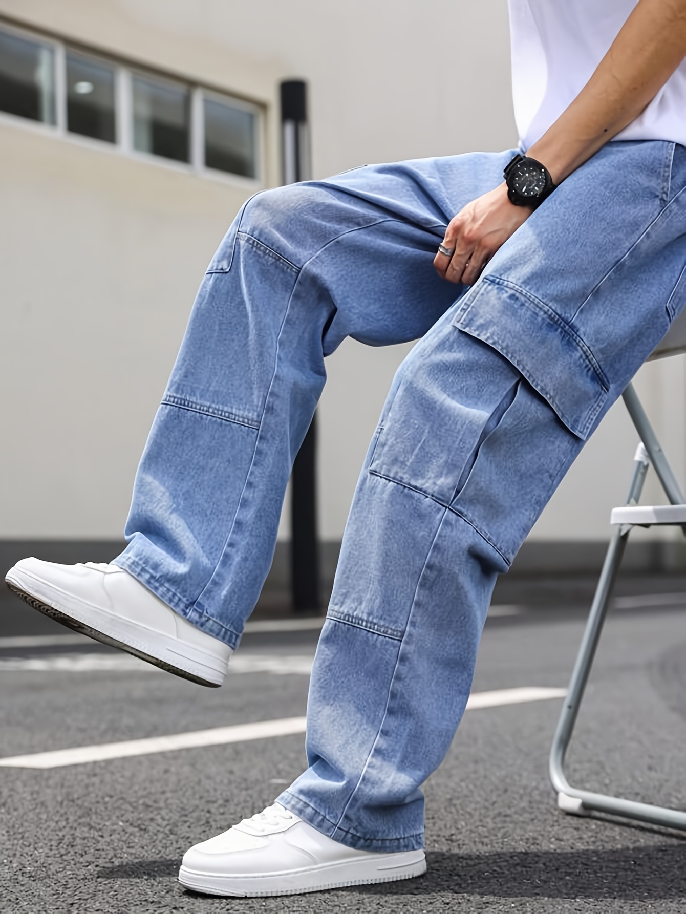 Loose Fit Multi Pocket Cargo Jeans, Men's Casual Distressed Street Style  Cargo Jeans For The Four Season
