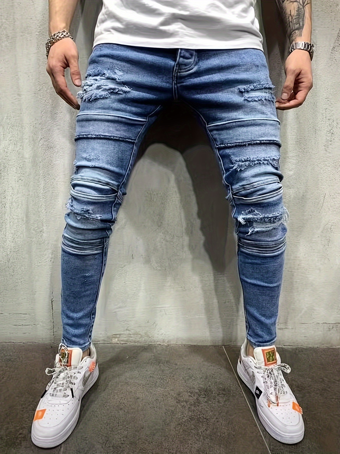 Men's Casual Skinny Harem Jeans, Chic Street Style Stretch Multi Pocket  Biker Jeans