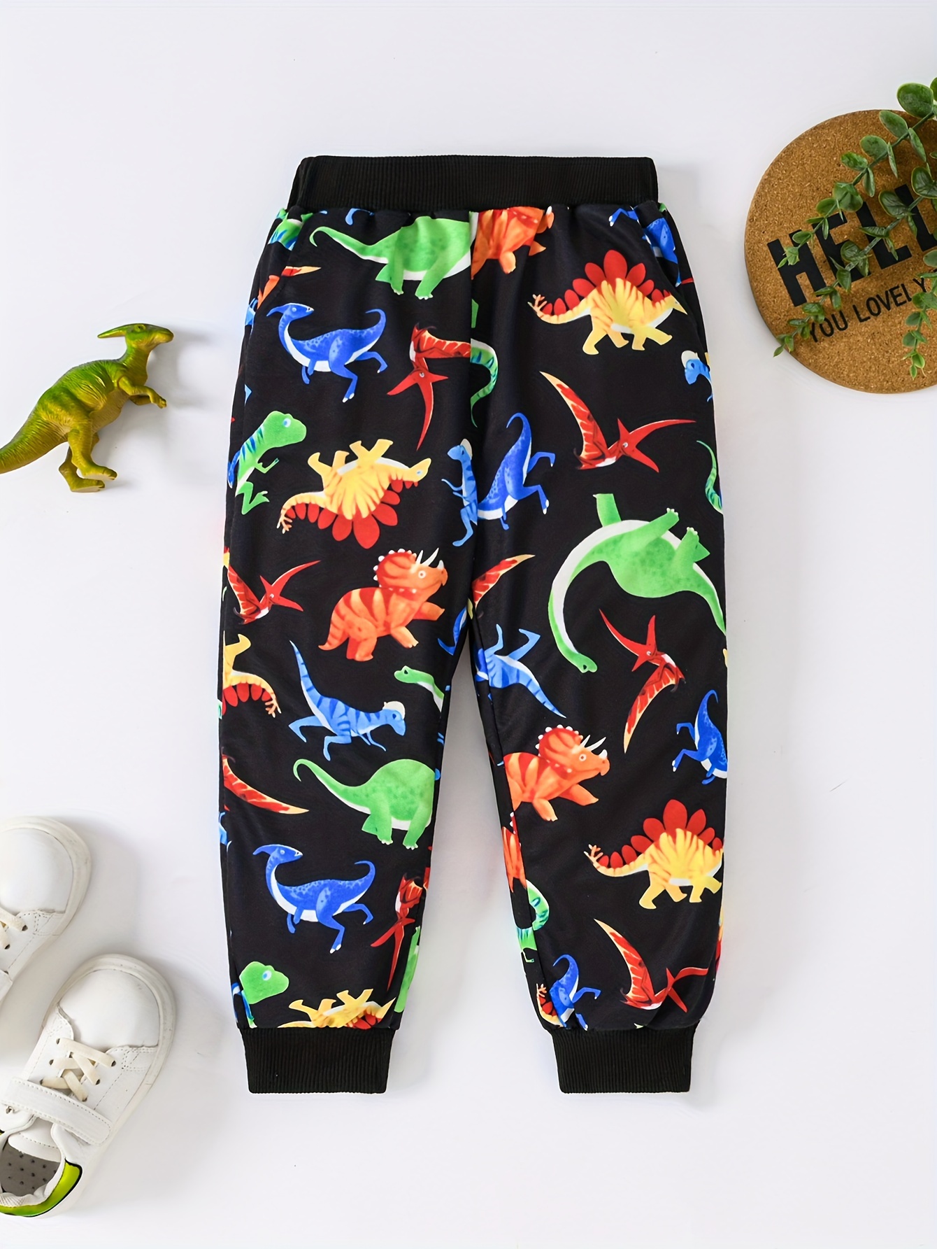 Kid's Dinosaur Print Fleece Jeans, Warm Thermal Denim Pants, Boy's Clothes  For All Seasons