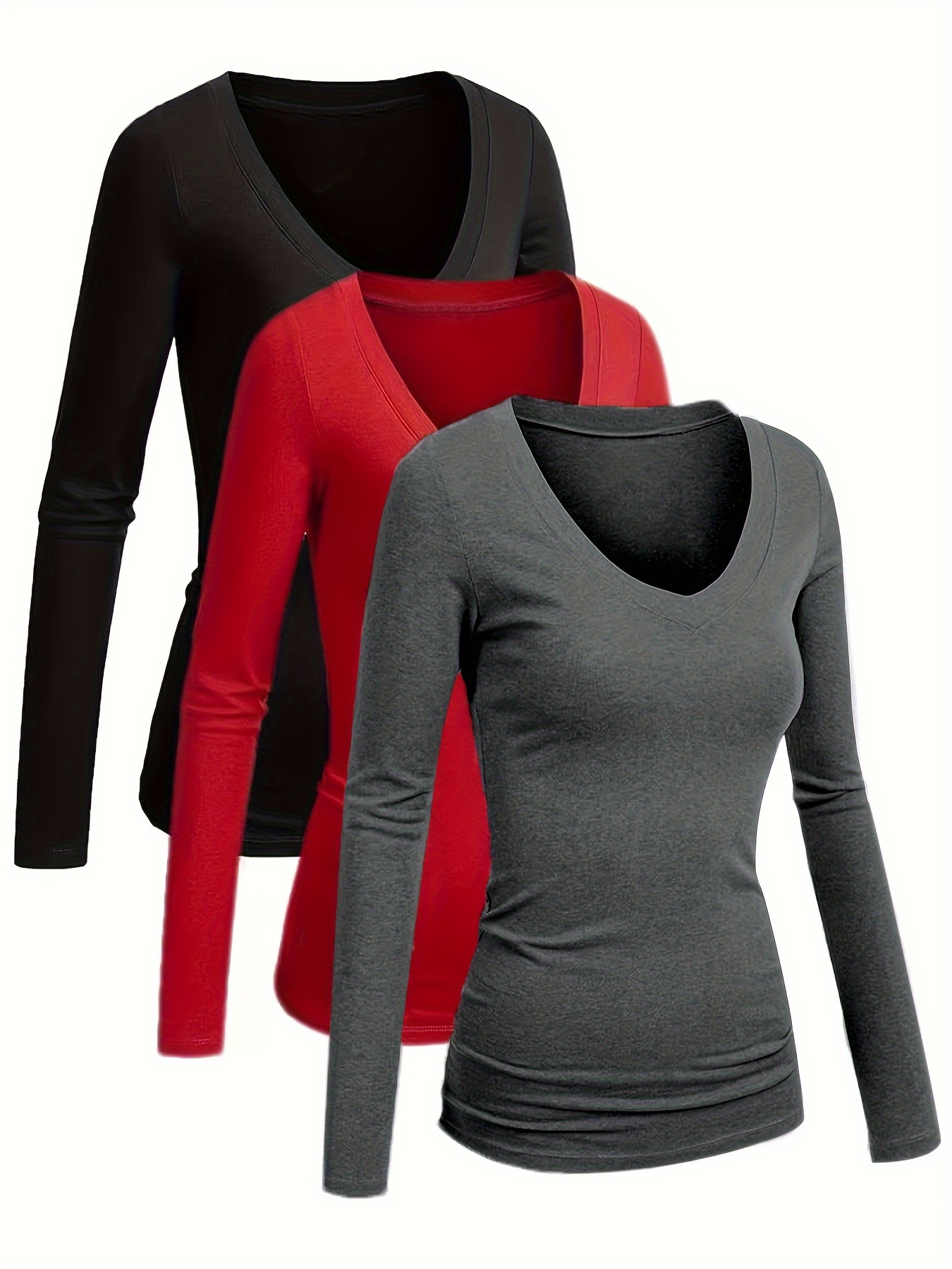 Plaid Print Deep V Neck Long Sleeve T-shirt, Casual Autumn & Winter Stylish  T-shirt, Women's Clothing