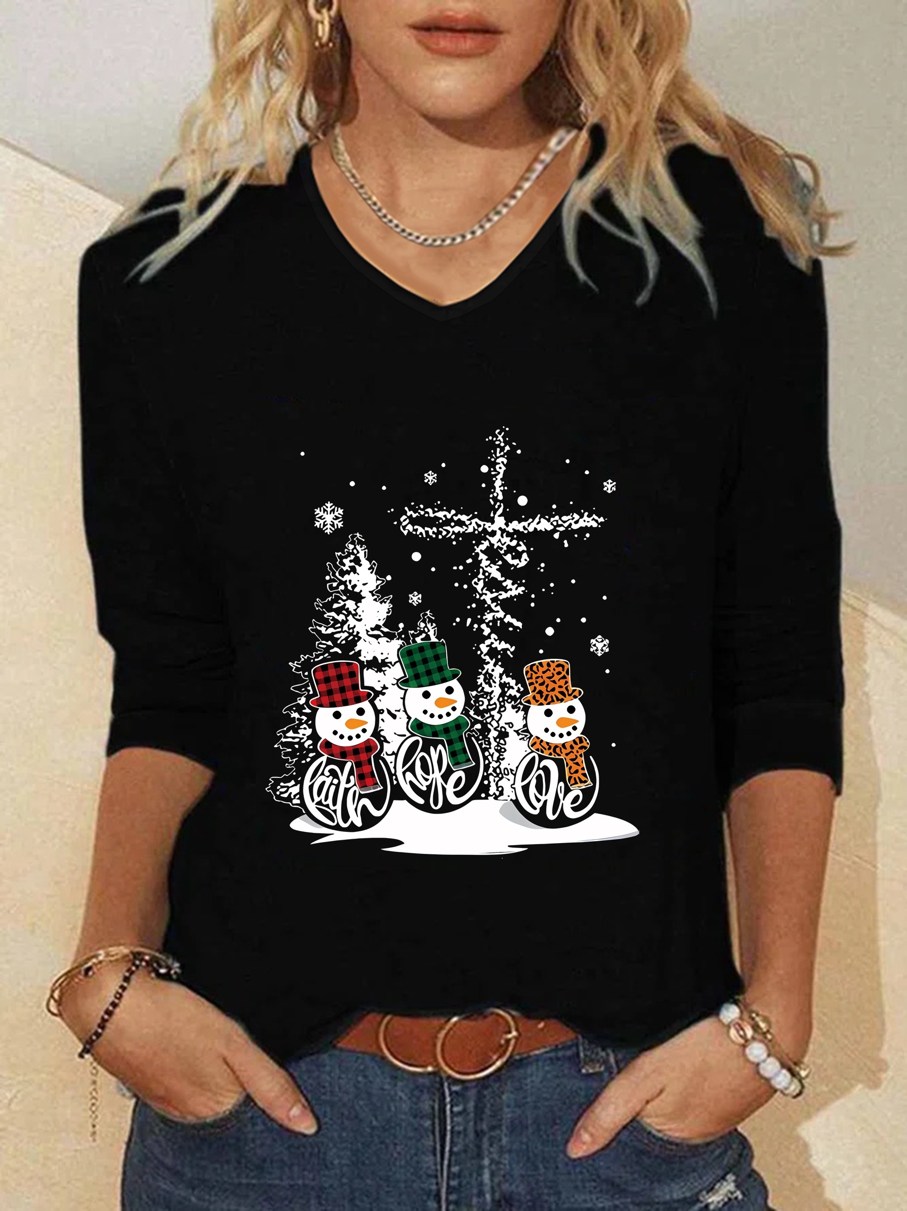 Plus Size Christmas Casual T-shirt, Women's Plus Snowman & Wreath Print  Long Sleeve Round Neck Slight Stretch Top