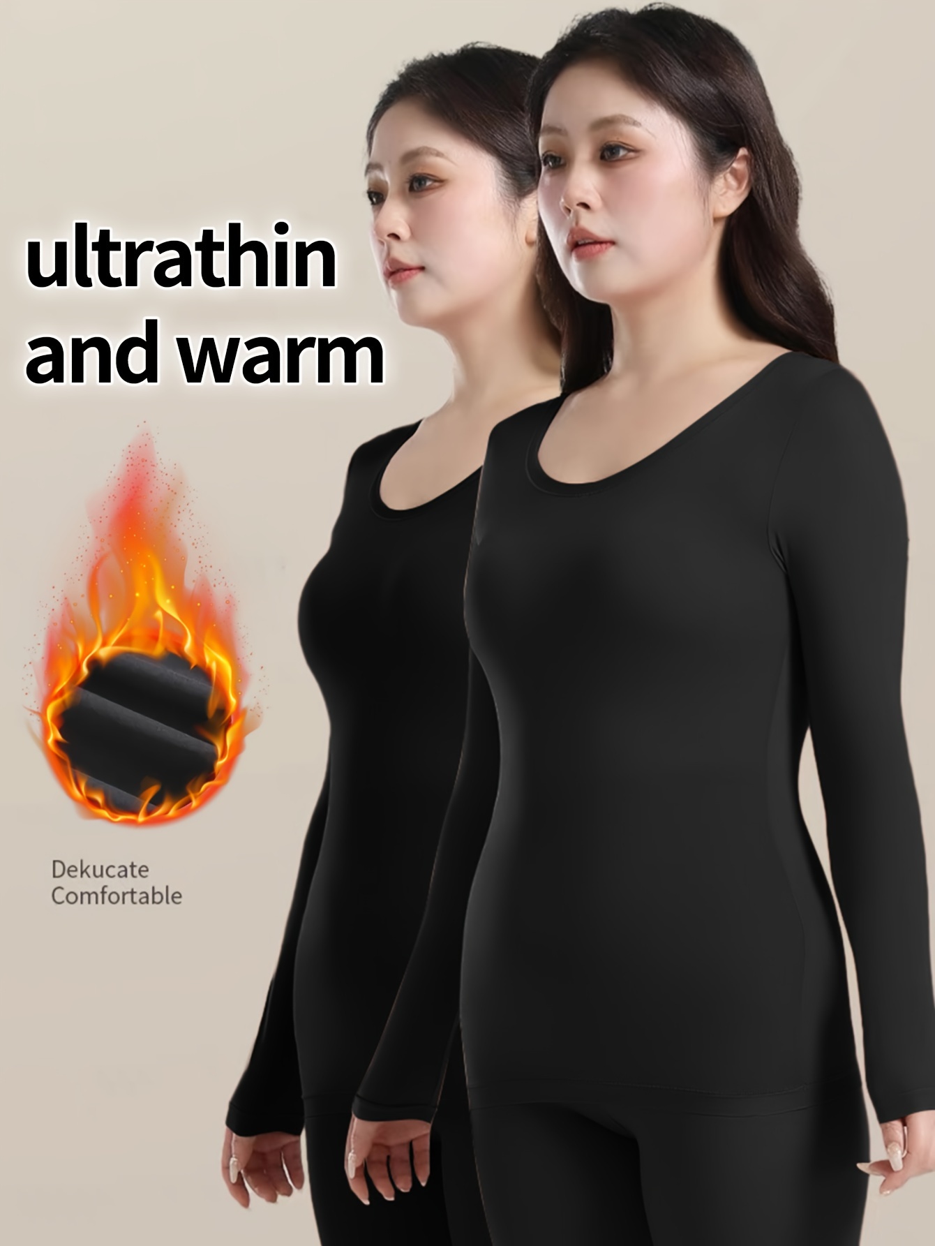 2 Pack Plus Size Basic Thermal Underwear Top Set, Women's Plus Solid Round  Neck Slim Fit Warm Tank Top 2pcs Set, High-quality & Affordable